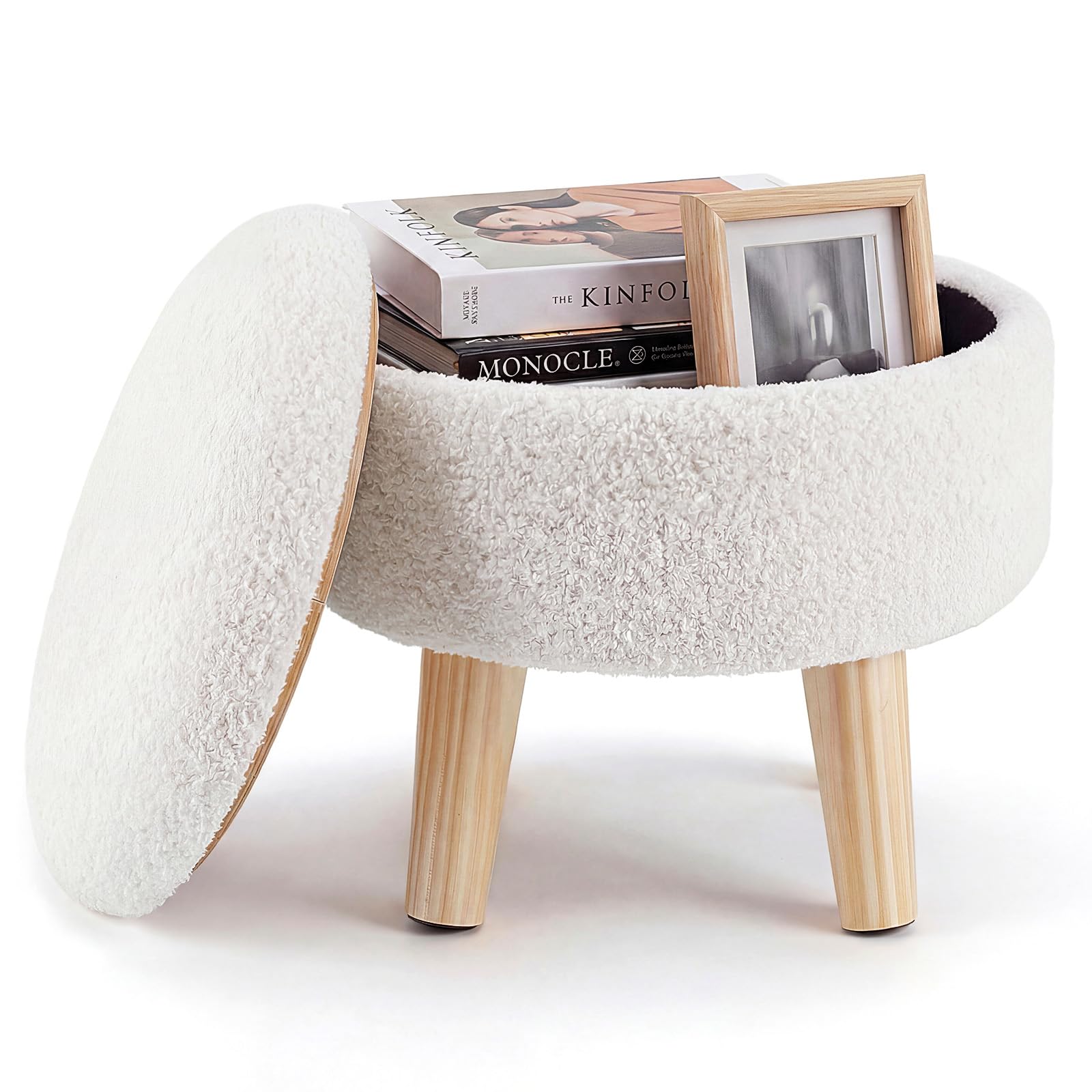 Atilioo - 13-in D x 13-in W x 11.8-in H Beige Round Storage Ottoman with Reversible Tray Lid Mult...
