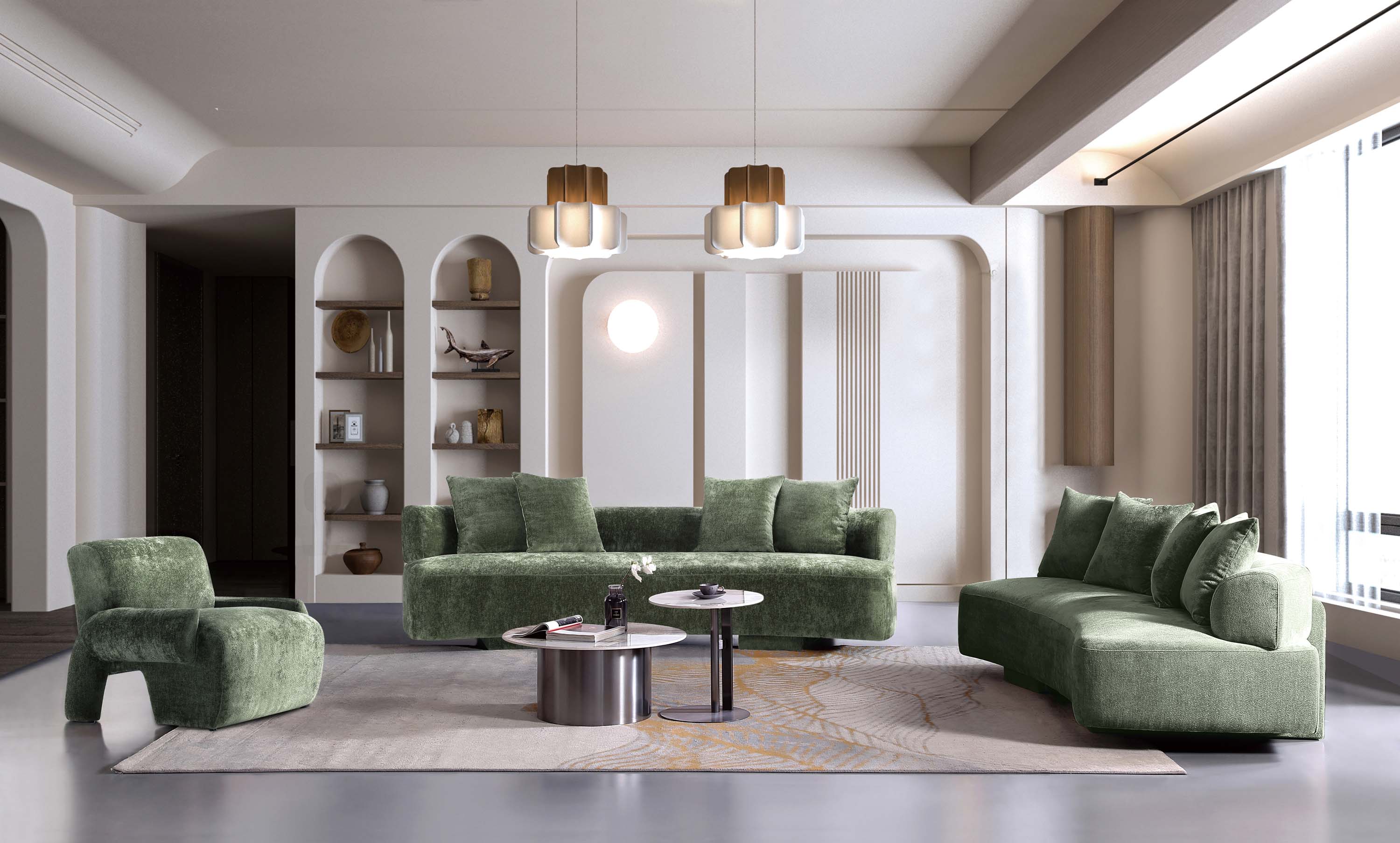 Manhattan Comfort 3-SFLSAC17-OG Midcentury 3 -Piece Chenille Olive Green Living Room Set