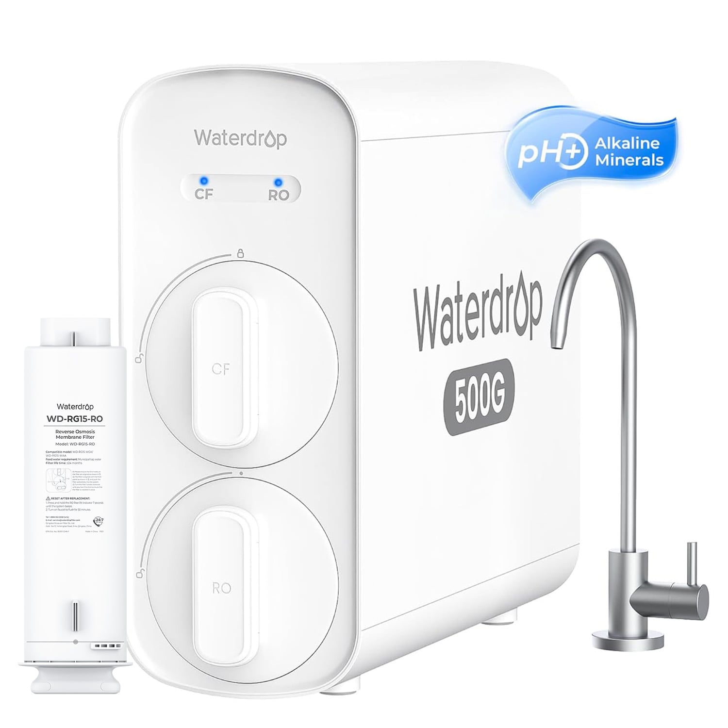 Waterdrop BL-WD-G5P5A-ROST WD-G5P500A Composite/Activated carbon Reverse Osmosis Filtration Under Sink Water Filtration System with Stainless Steel Faucet