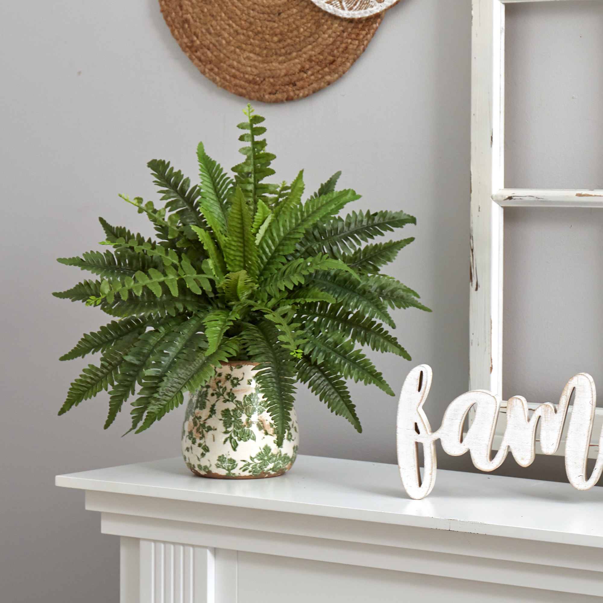 Nearly Natural Indoor Boston Fern Artificial Plant in Stone Planter