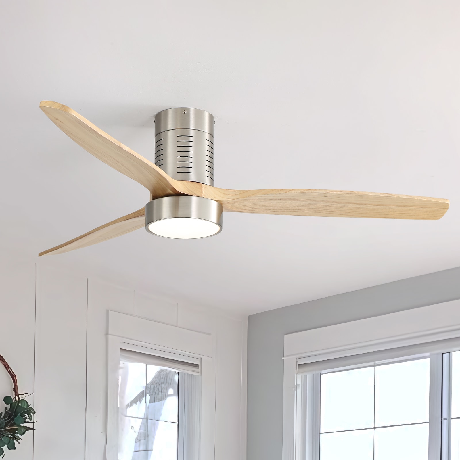 Sofucor LS-52245-SN-DC-YM-W1 52-in Color-Changing Outdoor Flush Mount Nickel with Burlywood Blades Ceiling Fan With Light - Remote Included ( 3 -Blade )