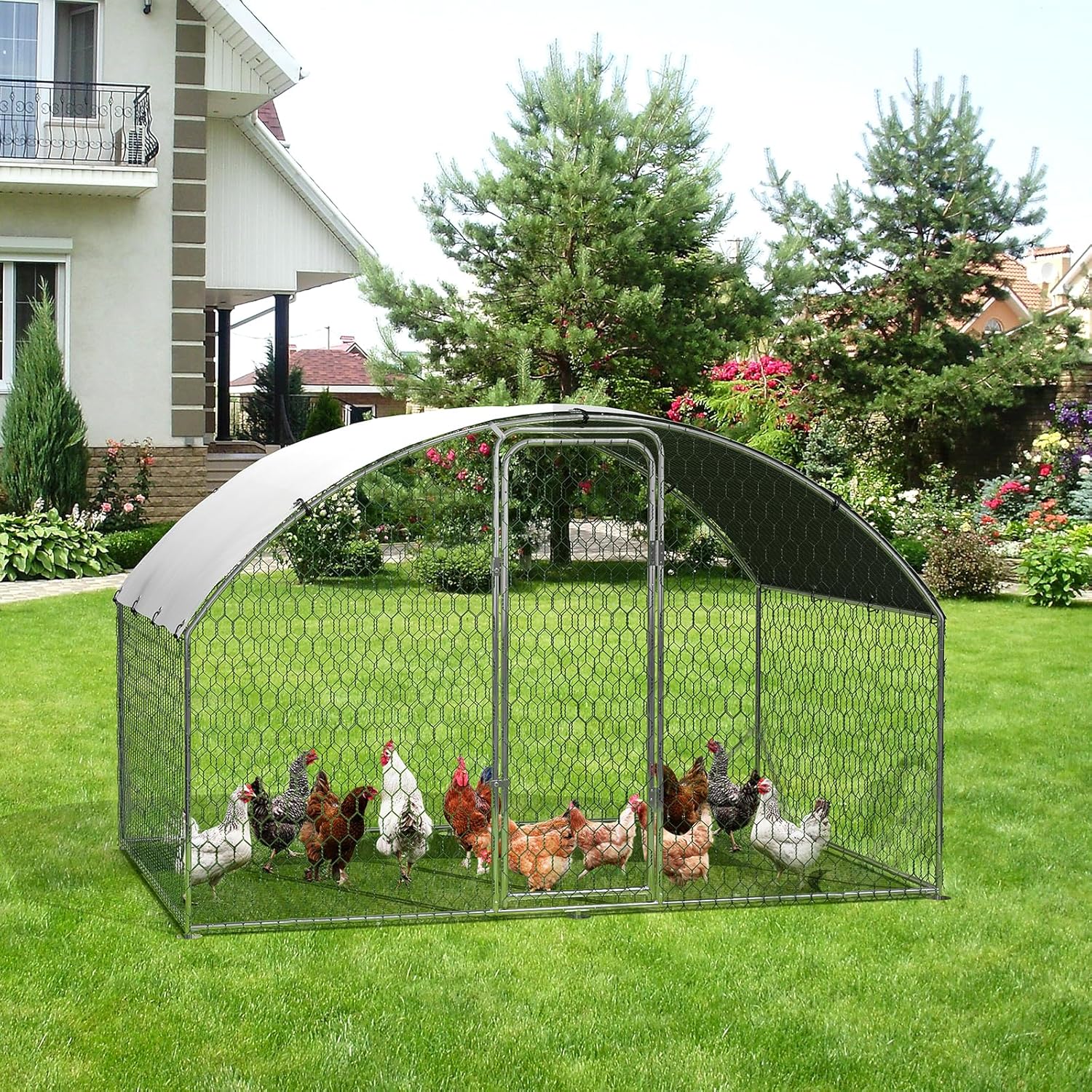 Qeetex GGL-PHO-33J6WVRX Large Metal Chicken Coop Walk in Poultry Cage Chicken Run Pen with Waterproof Oxford Roof and PVC Hex Mesh Fencing for Chickens Ducks Rabbits Quails Feeding Door Design-6FT