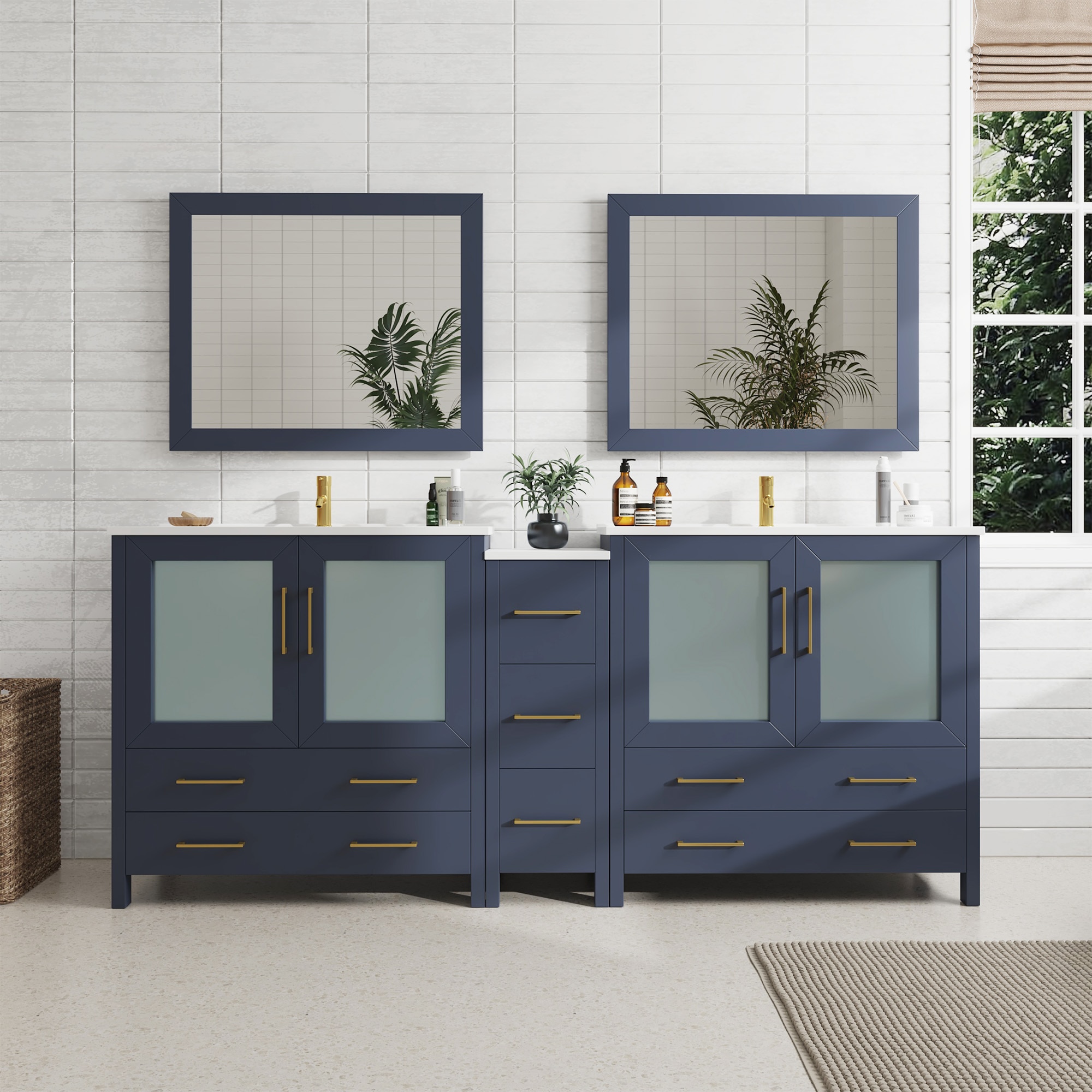 Vanity Art VA3036-84B Brescia 84-in Blue Undermount Double sink Bathroom Vanity with White Ceramic Top (Mirror Included)