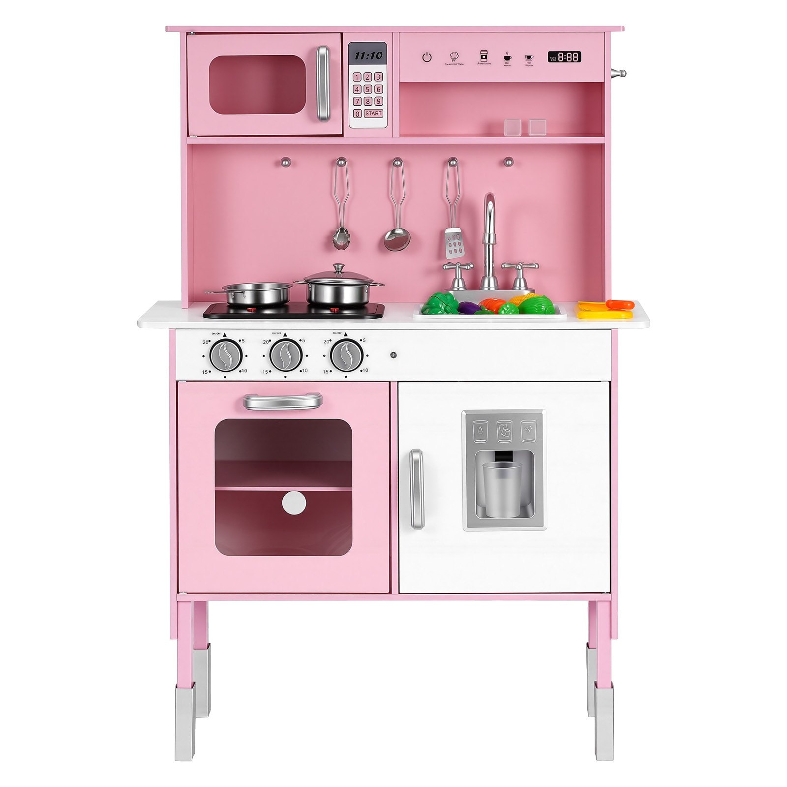 GIVIMO Wooden Play Kitchen for Kids Toddler Kitchen Playset with Real Lights and Sounds Food and Cookware Pretend Play Toy Set Microwave Oven