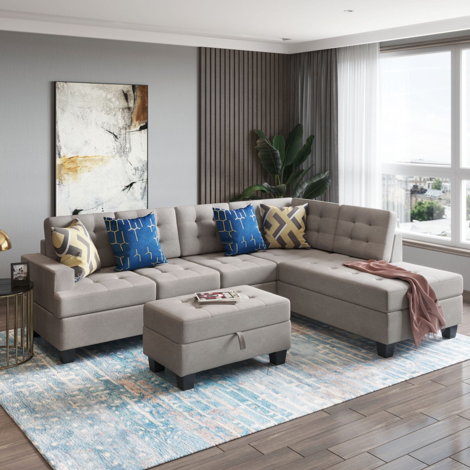 JASMODER LP000049AAE Sofa 3-Piece Sectional Sofa With Chaise Lounge And Storage Ottoman L Shape Couch Living Room Furniture(Gray)