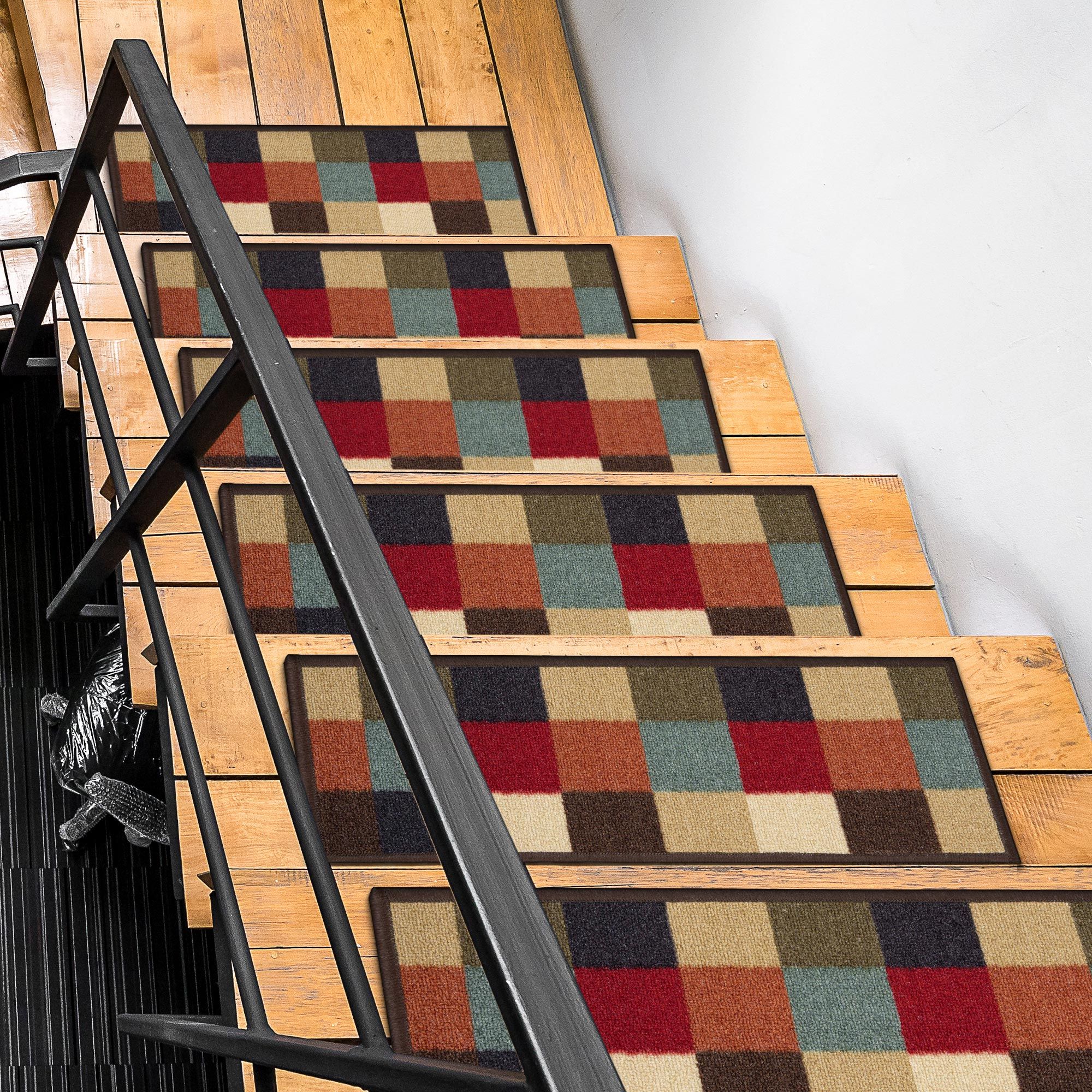 Ottomanson CLS3079-14 Non-Slip Stair Mat 14 Pack 1 x 2 (ft) Loomed Nylon Multicolor Rectangular Indoor Geometric Stair tread rug