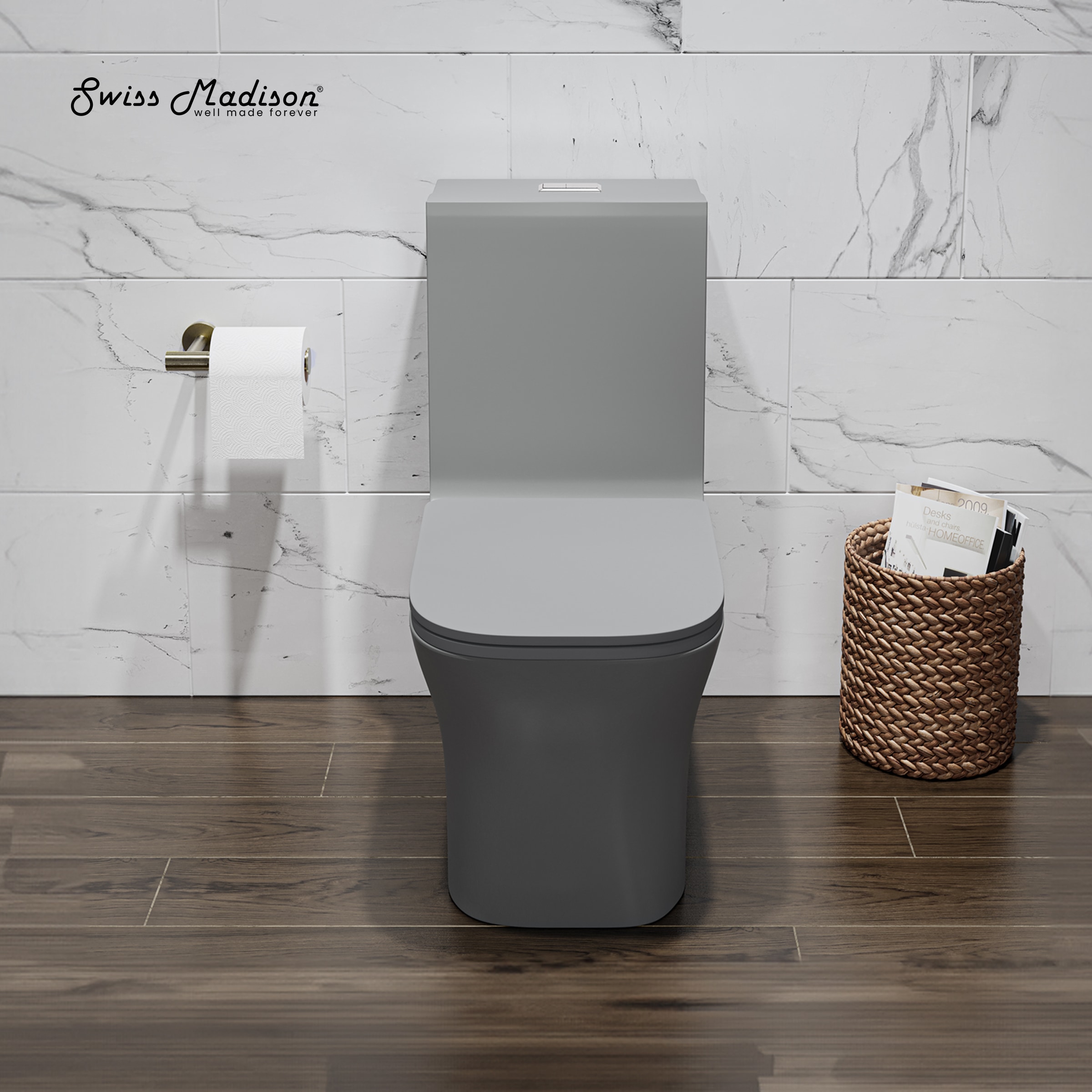 Swiss Madison SM-25-1TBAS02MG Bastille Matte Gray Square Standard height 12-in Rough-In 1.6 GPF Dual Flush Soft Close 1-piece Toilet