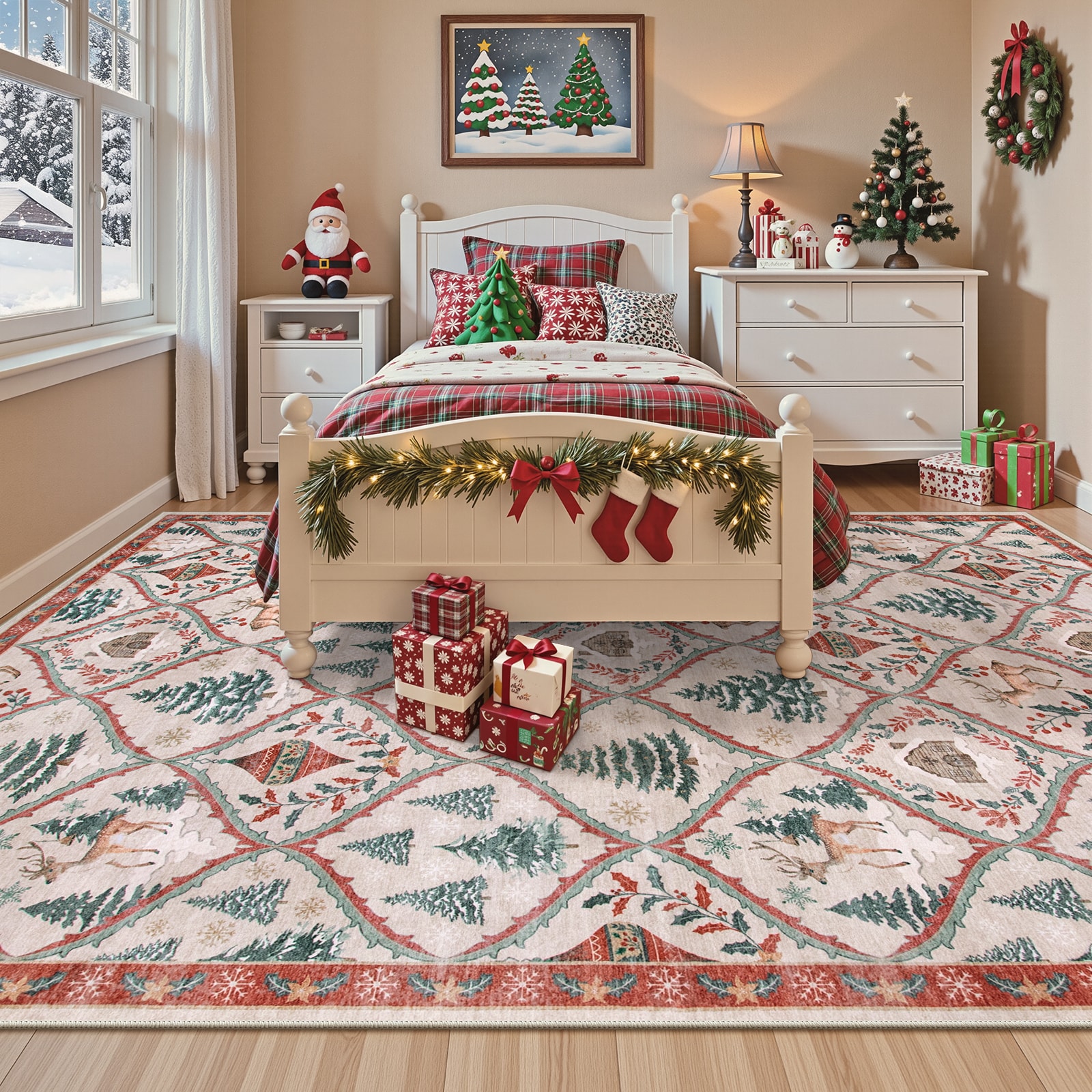 Lahome AR-ZZR-009-BG1 8x10(ft) Beige Washable Christmas Christmas Deer Tree Pattern Holiday Decor Non Slip Ultra Thin Soft Area Rug