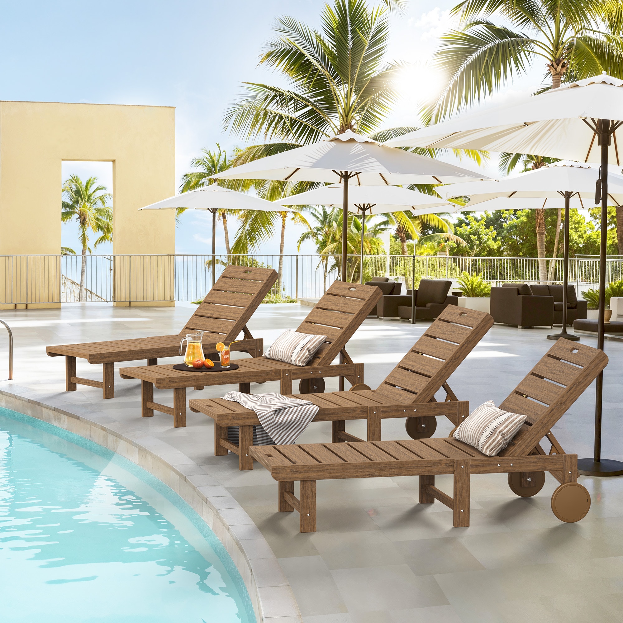 Yurevna 4JT-003-03LS Chaise lounge Set of 4 Teak HDPE Frame Stationary Chaise Lounge Chair with Slat Seat