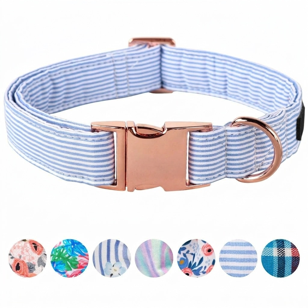 ITOPFOX  Blue Stripe Dog Collar Adjustable Metal Buckle Soft Cotton Durable for Small Medium Large Dogs Boys Girls Gift with D Ring Secure Fit