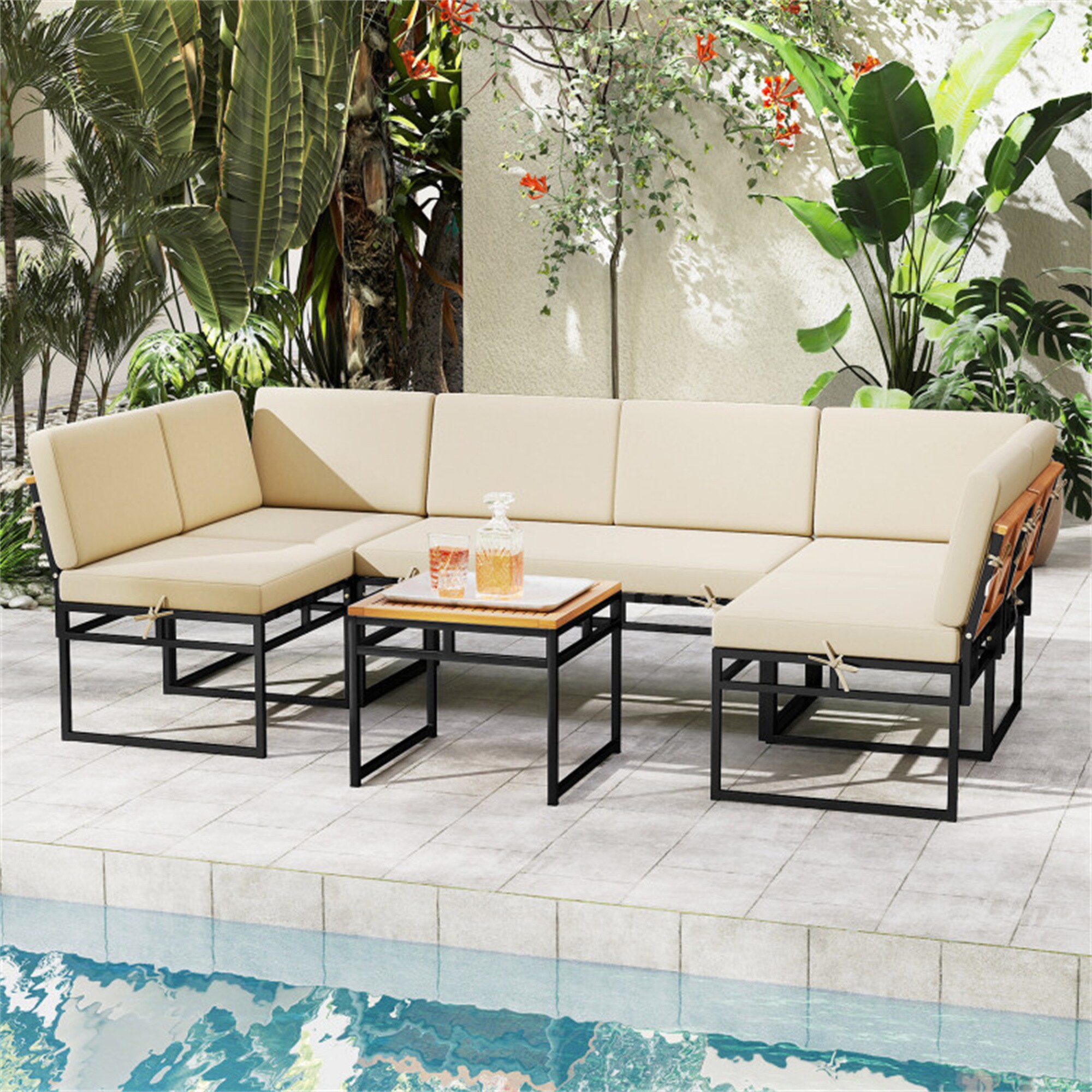 BABOOM BOM-674WH+-CO Outdoor Sectional Sofa Set 6 -Piece 2 Patio Sofa Conversation Set with Beige polyester Cushions