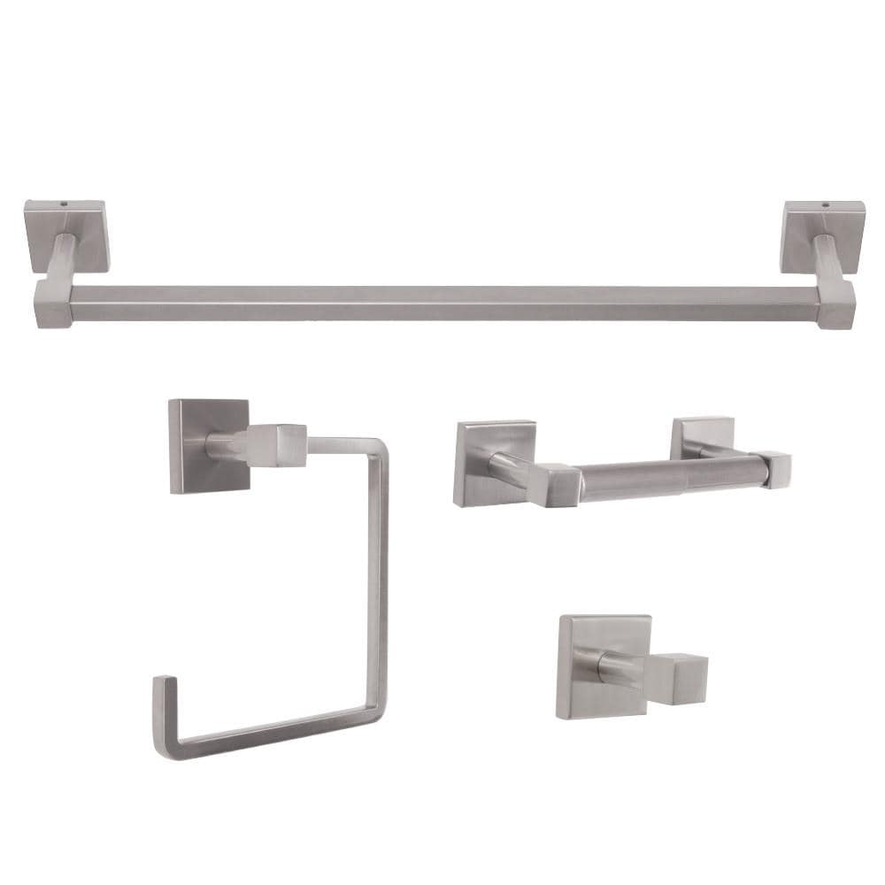 Design House 188532 4 -Piece Karsen Satin Nickel Decorative Bathroom Hardware Set Towel Bar, Toilet Paper Holder, Towel Ring ,Robe Hook Included