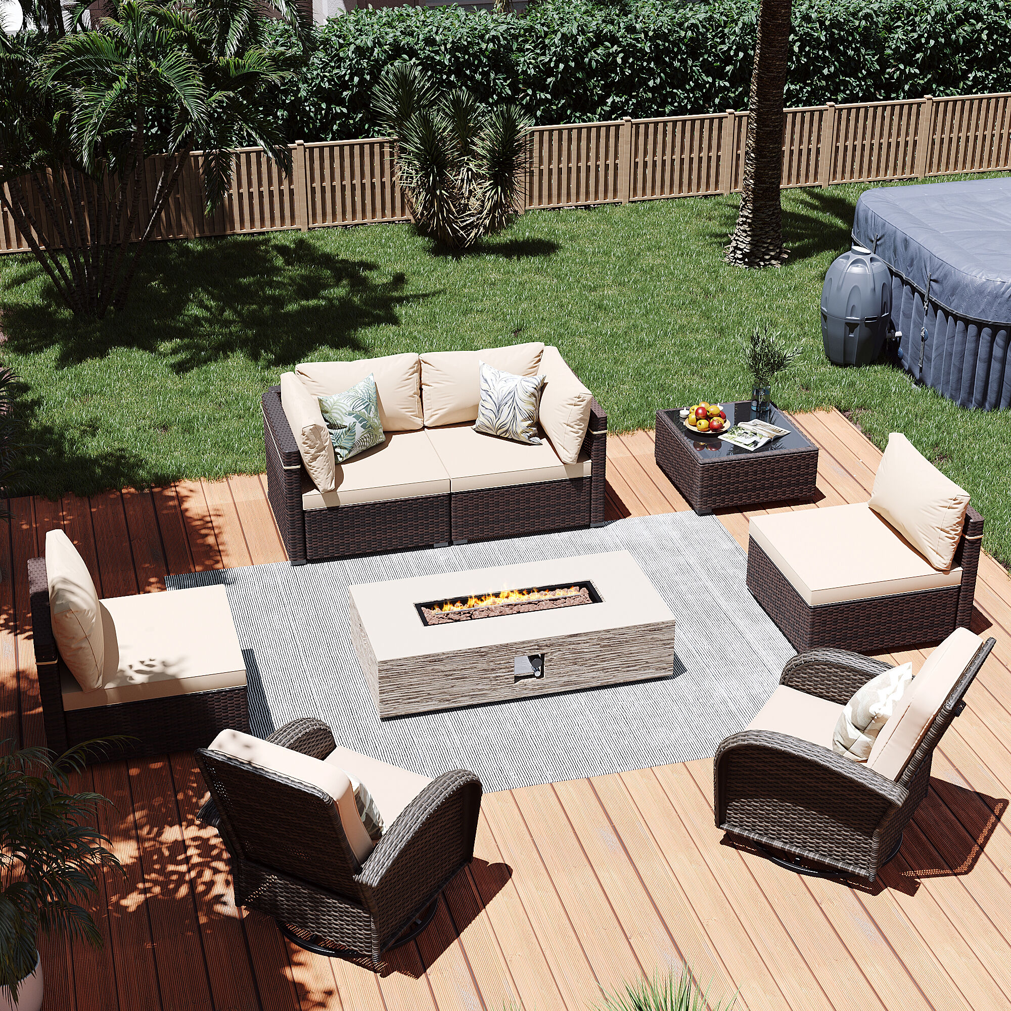 Patio Watcher LS-RT5Y11-56HWBE-B1 8 -Piece Rattan Patio Conversation Set with Beige Cushions