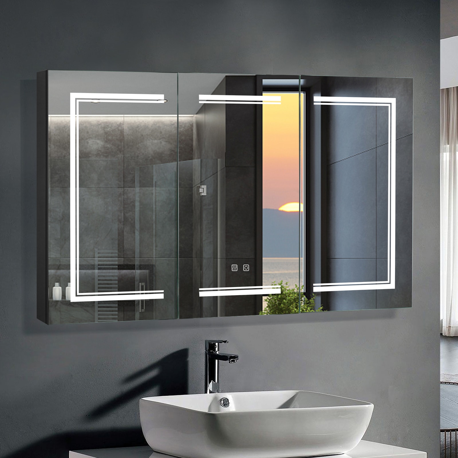 Winado LO1G52001657 48-in x 28-in Lighted LED Fog Free Surface/Recessed Mount Black Mirrored Rectangle Medicine Cabinet with Outlet