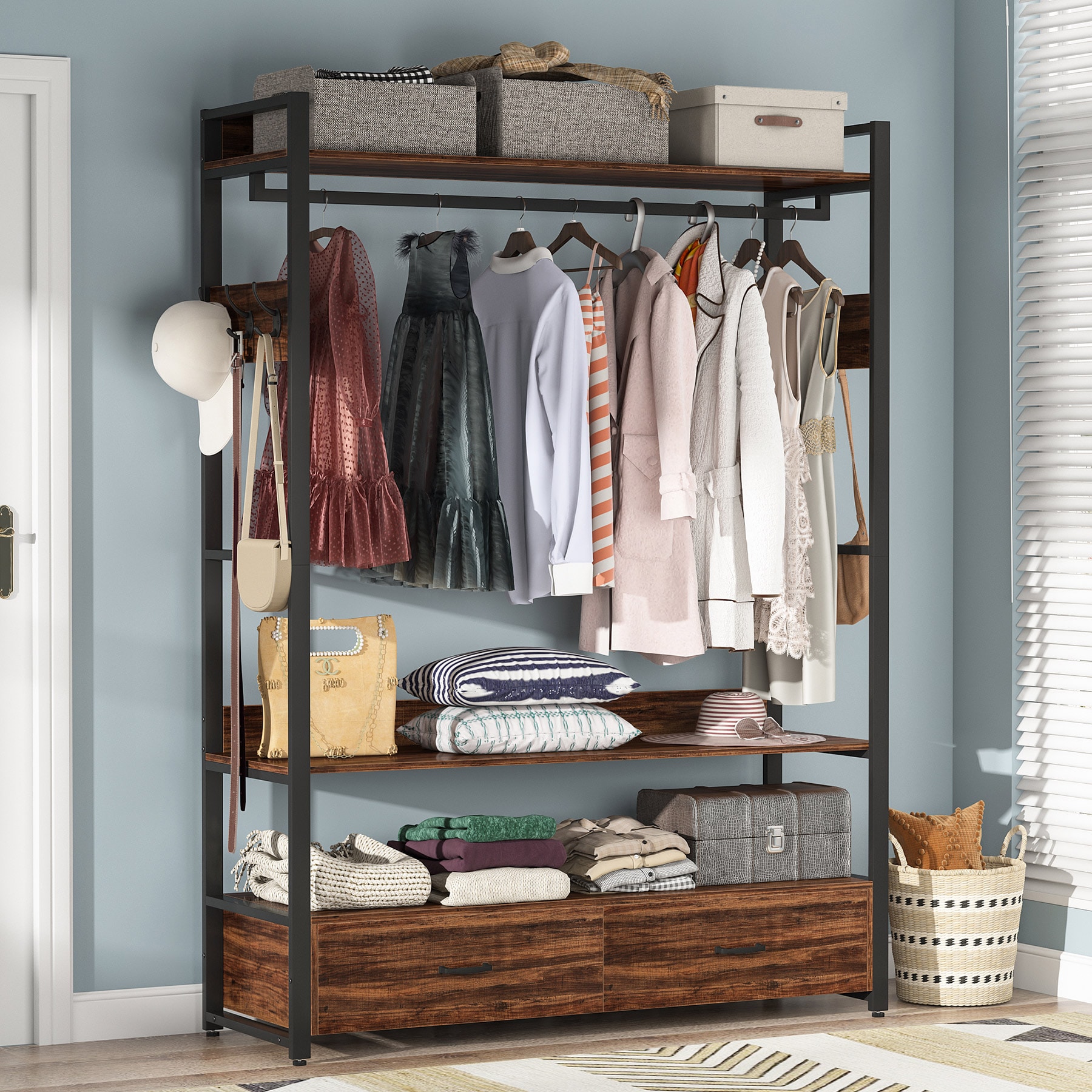 Tribesigns 3.93-ft to 3.93-ft W x 6.56-ft H Rustic Brown Solid Shelving Wood Closet System | HOGA-JW0226