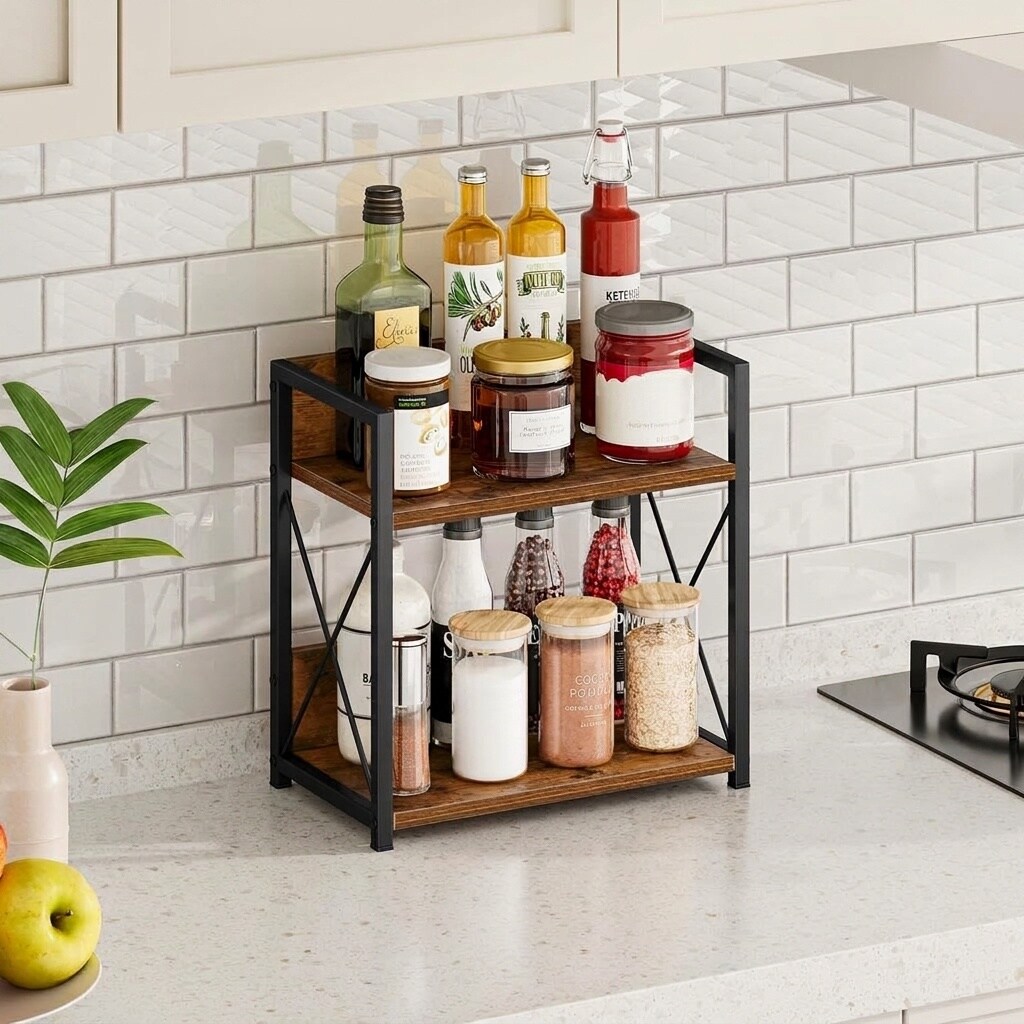 KIWDZFU Two Tier Kitchen Countertop Organizer Spice Rack Shelf Wood ...