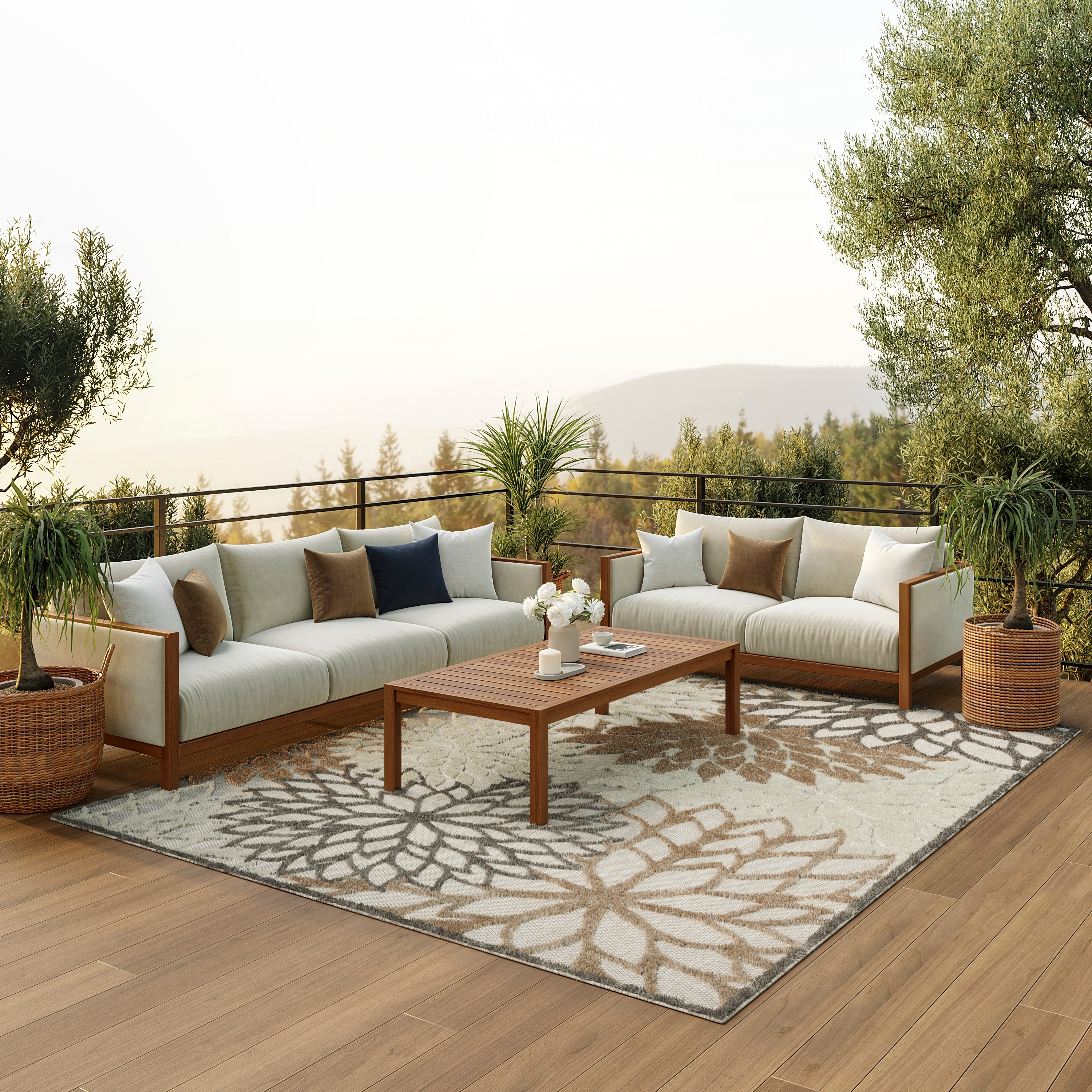 Nourison 99446739070 Aloha 6 x 9 (ft) Loomed Polypropylene Natural Rectangular Indoor/Outdoor Floral/Botanical Coastal Area rug
