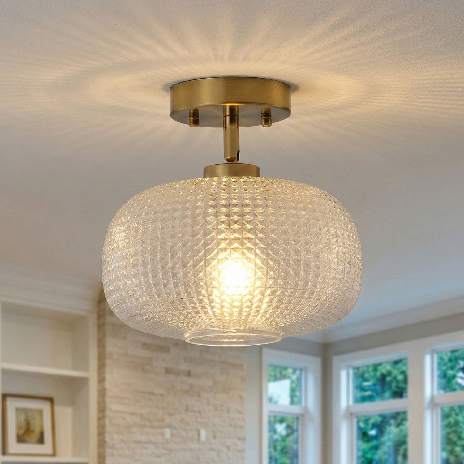 Aiwen 9.84-in Brass Indoor 1 -Light Semi-flush Mount Light with Textured Glass