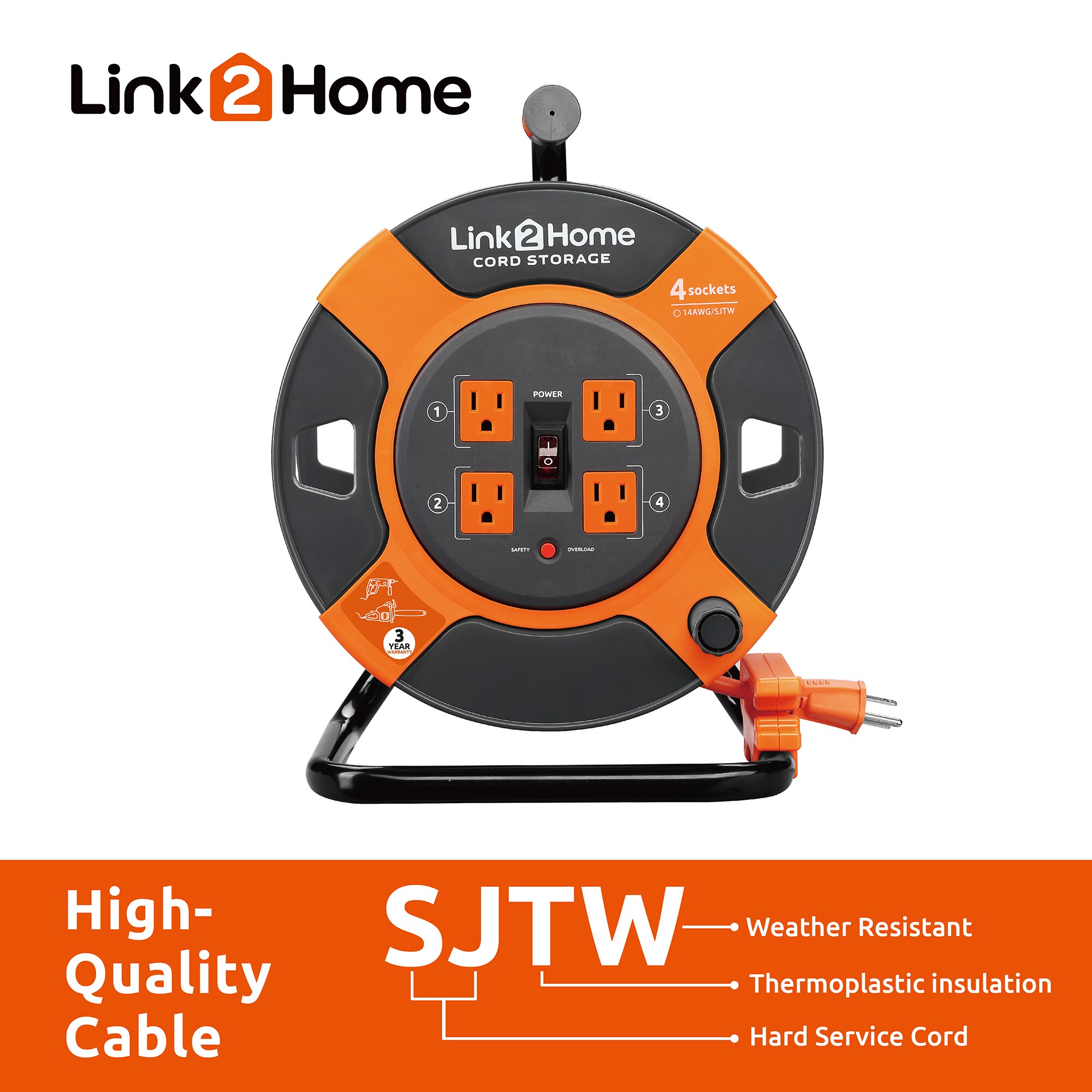 LINK2HOME Link2Home cord reel 3-ft 14 / 3-Prong Indoor Sjtw Medium Duty ...
