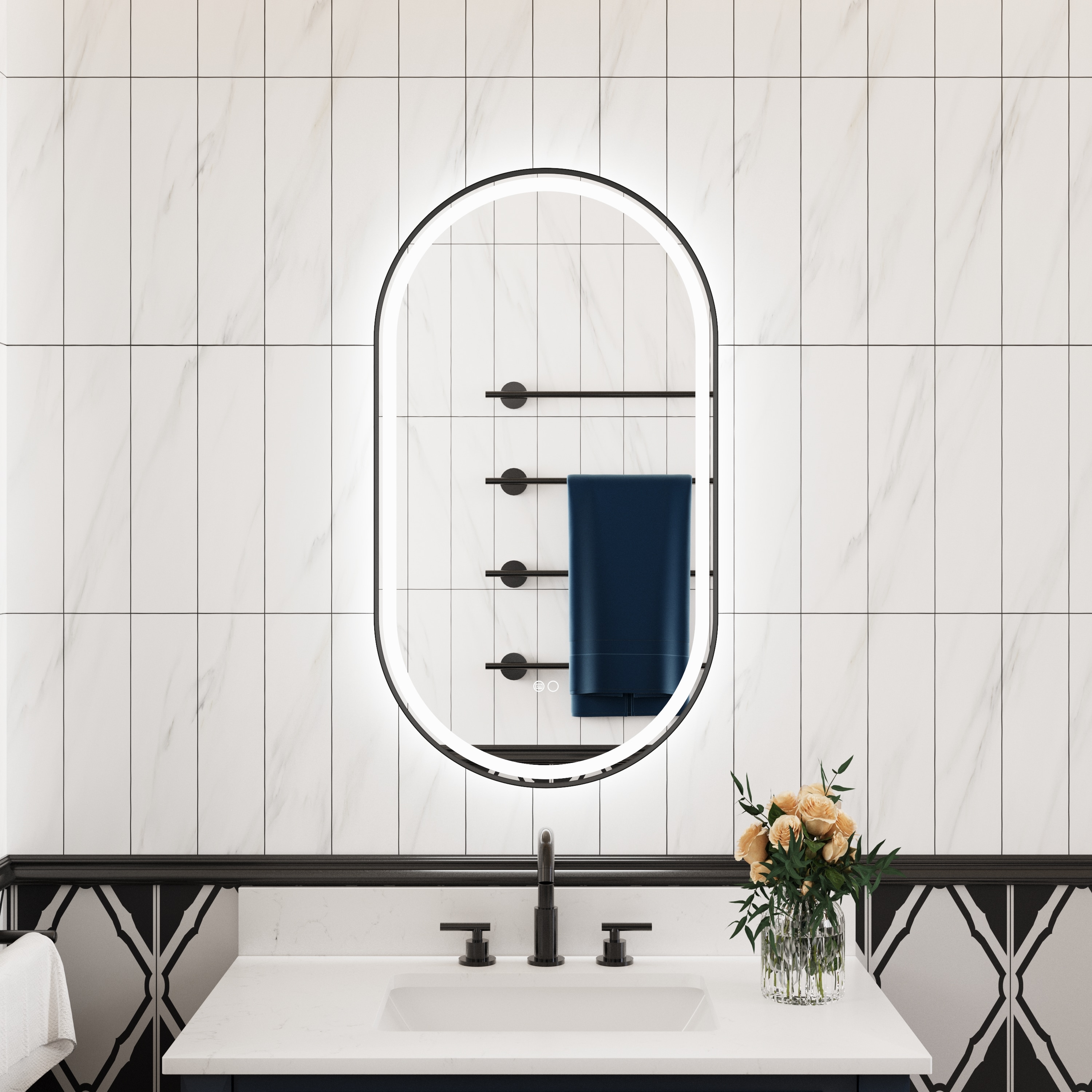 WELLFOR YAH-MGD1828 Helio Lighted Mirror 20-Inches x 36-Inches Framed Oval Dimmable Lighted Fog Free Bathroom Vanity Mirror ( Black )