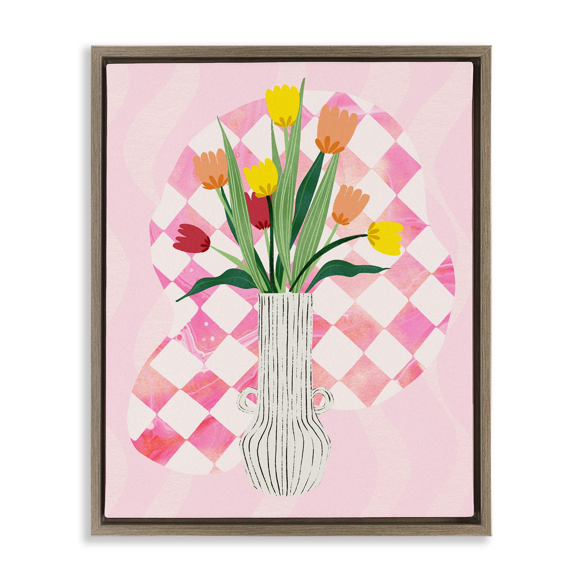 Stupell Industries BT-188-FFE-16X20 Yellow Tulip Vase on Checkered Floating Frame design by Ziwei Li