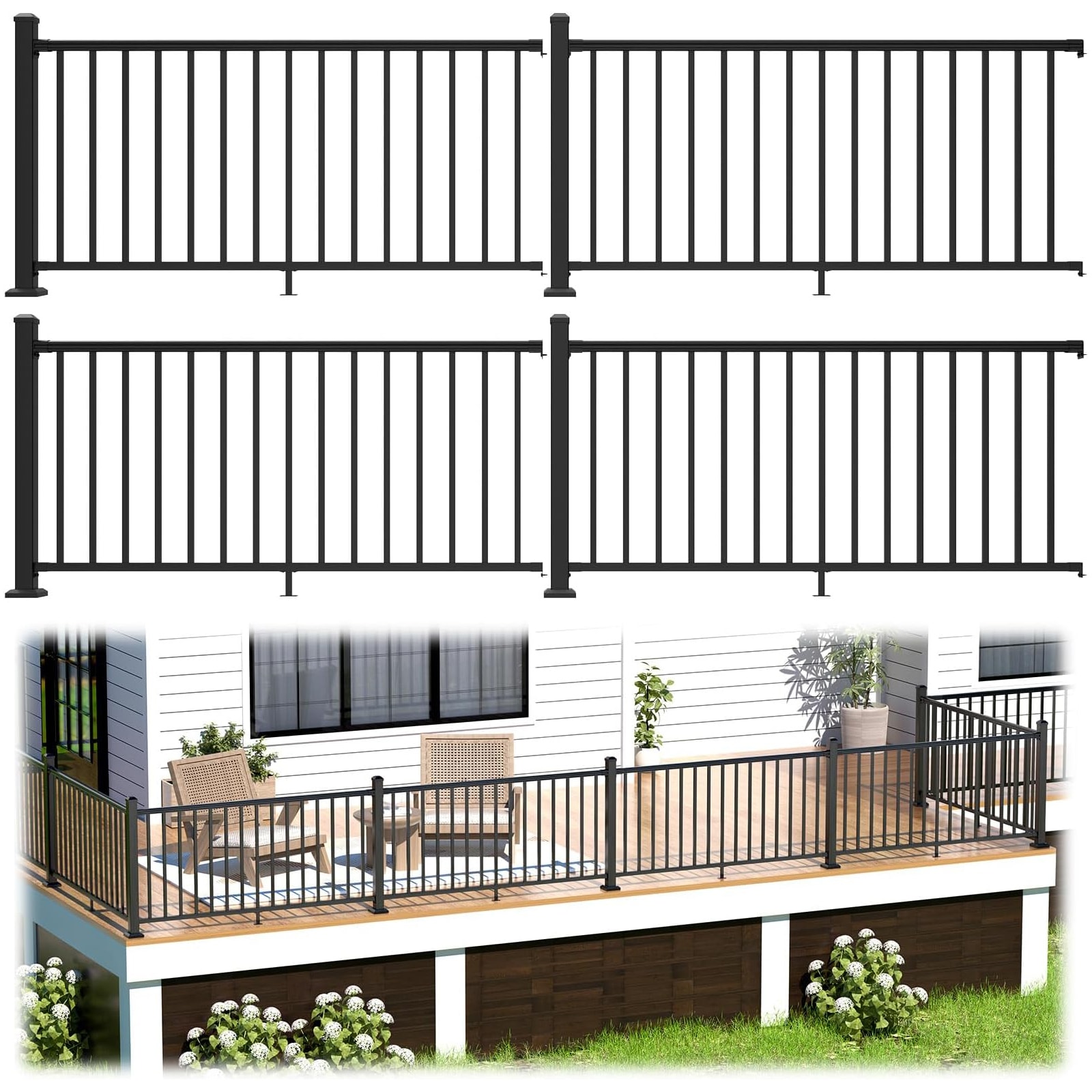 Afoxsos 36 in H x 24 ft W Aluminum Deck Railing Kit Black Powder Coated Weather Resistant 4 Post 4 Panel Kit for Outdoor Porch Patio Balcony