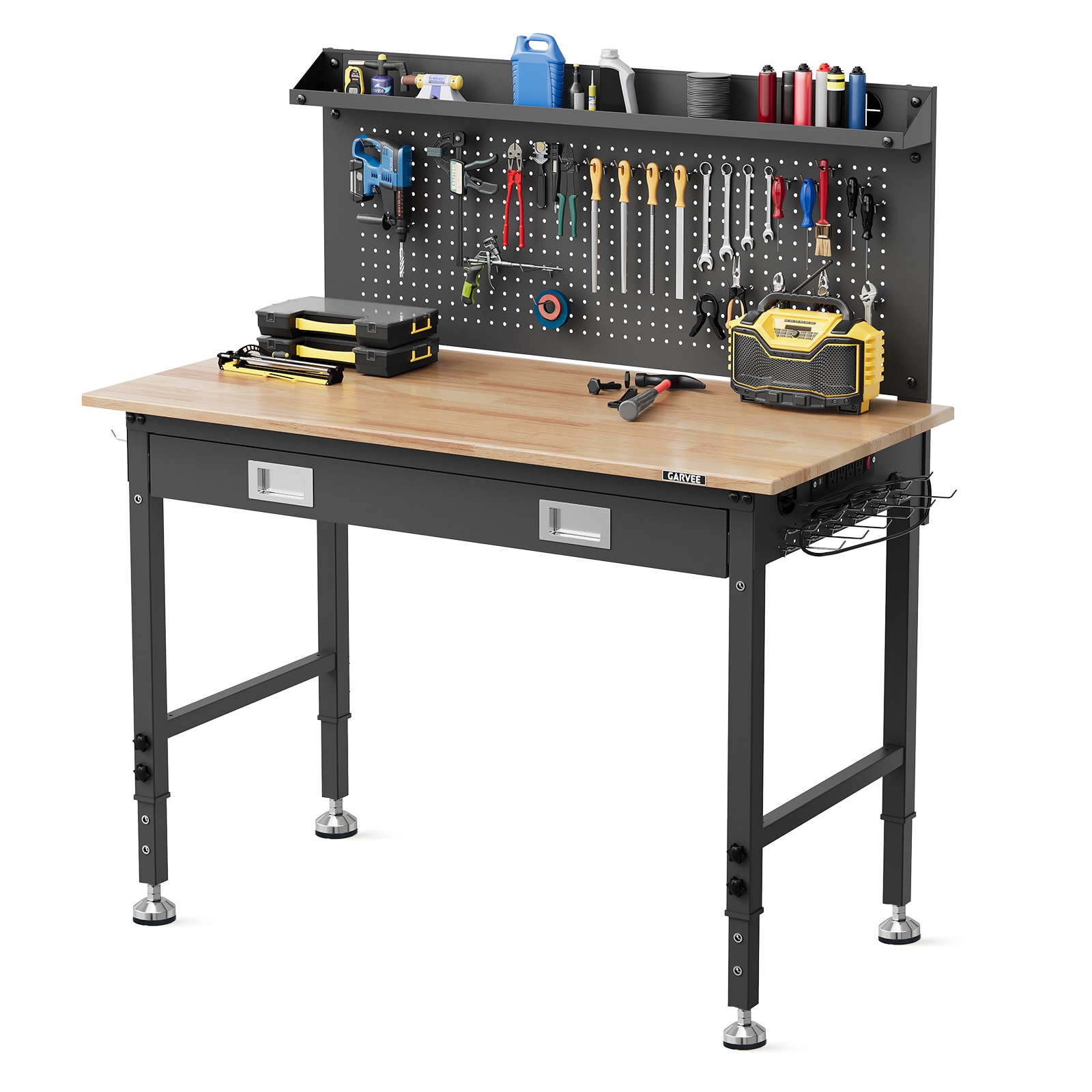 GarveeLife 48 x 24 Inch Solid Wood Workbench with Steel Frame Adjustable Legs Swivel Casters Built in Power Strip Drawer Storage Back Panel Heavy Duty Garage Workshop Table for Tools and Projects