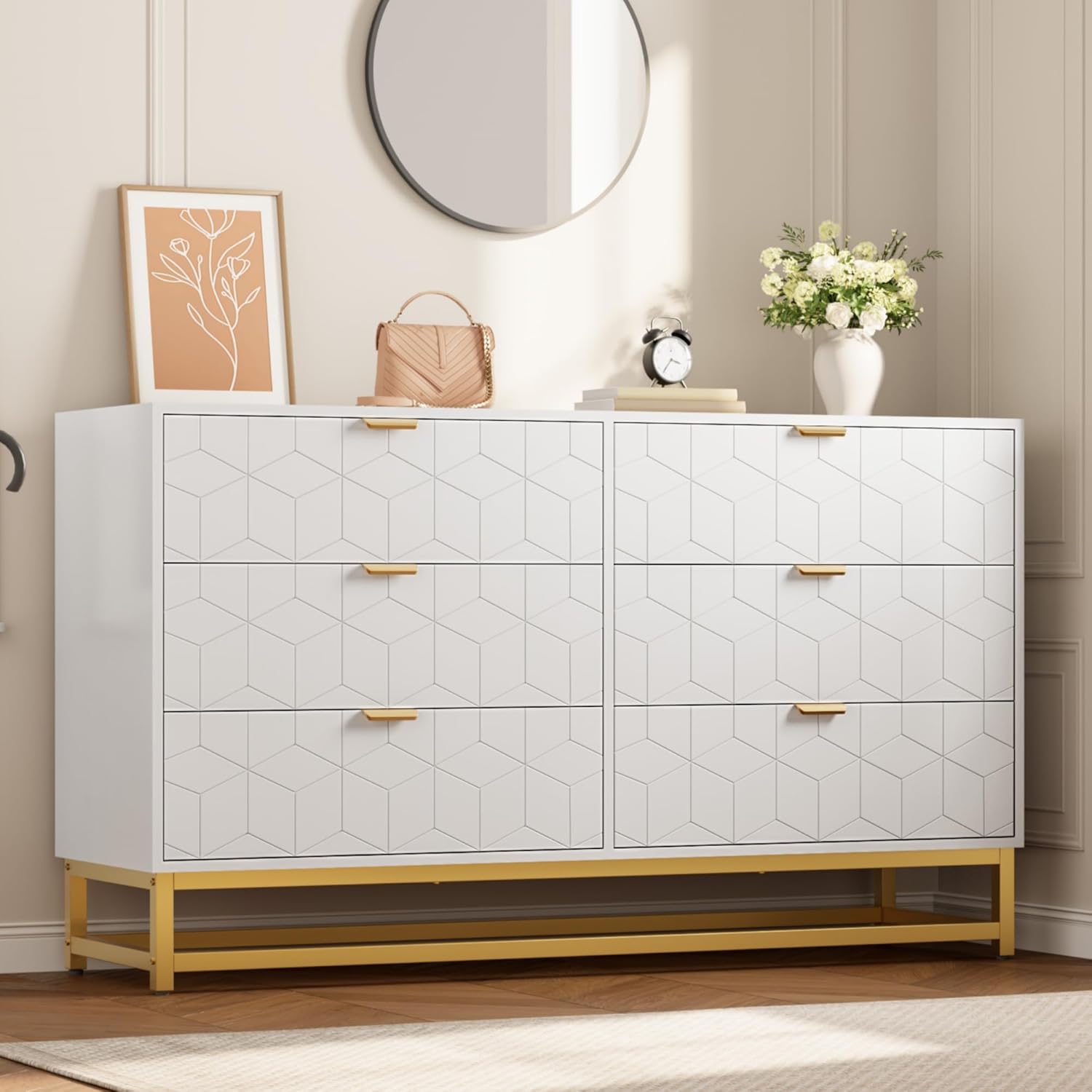 Qeetex GG-W546F044 53.5 Inch Wide Modern 6 Drawer Dresser Wide Chest with Gold Metal Legs and Handles Wood Storage Organizer for Bedroom Living Room Hallway White