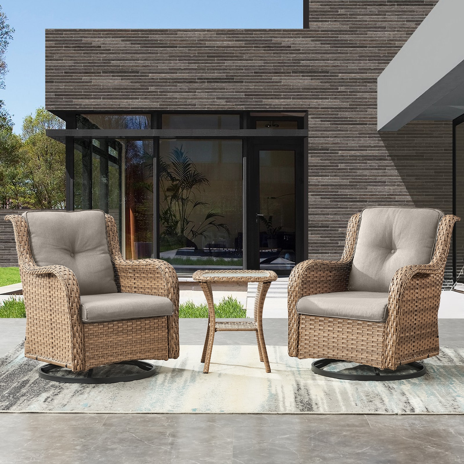 0 PA117-2 PACHAIRS-T Set of 2 Wicker Yellow Steel Frame Swivel glider Conversation Chair with Beige Cushioned Seat