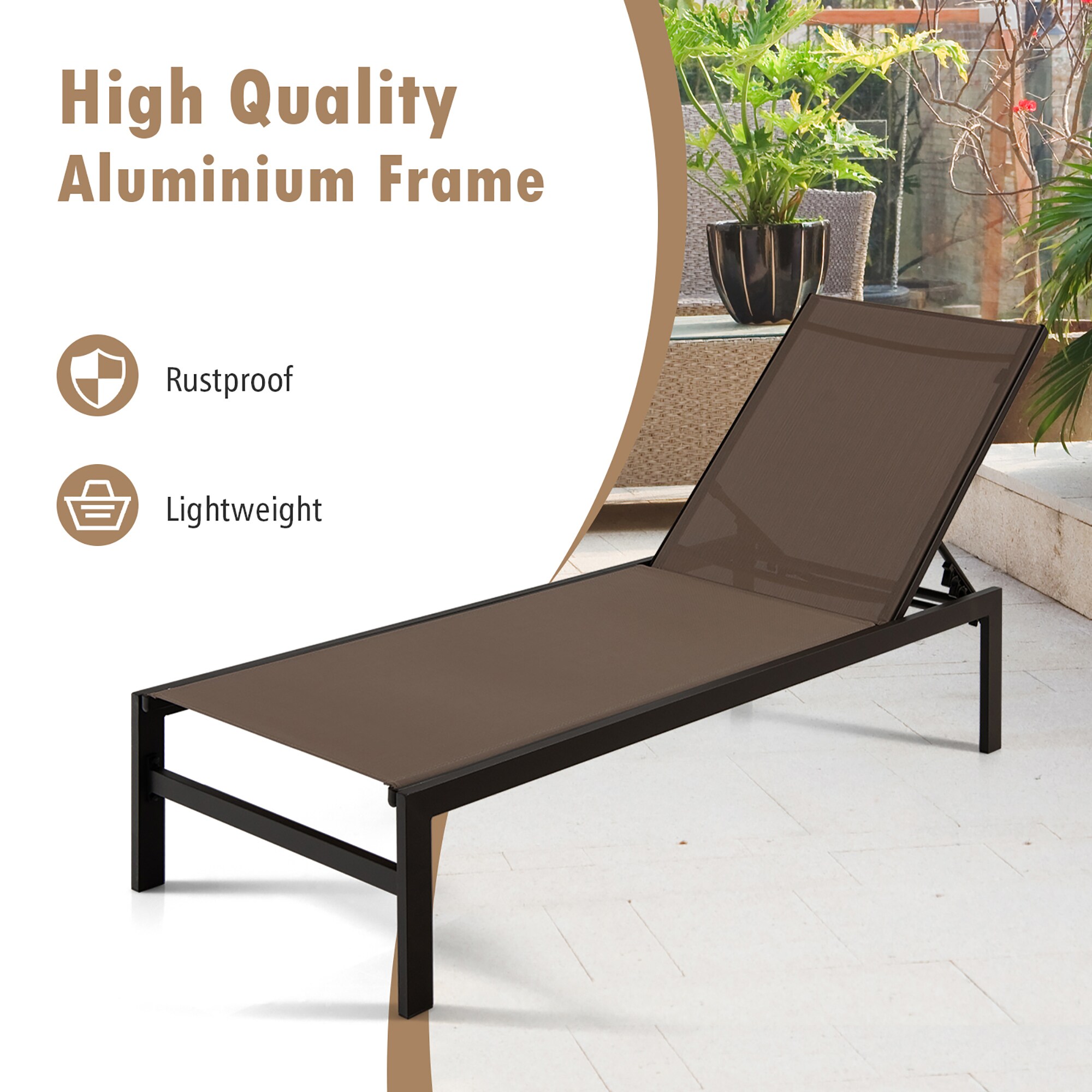 Costway Adjustable Reclining Outdoor Chaise Lounge Chair with Aluminum Frame and Brown Sun Resistant Fabric in the Patio Chairs department at Lowes