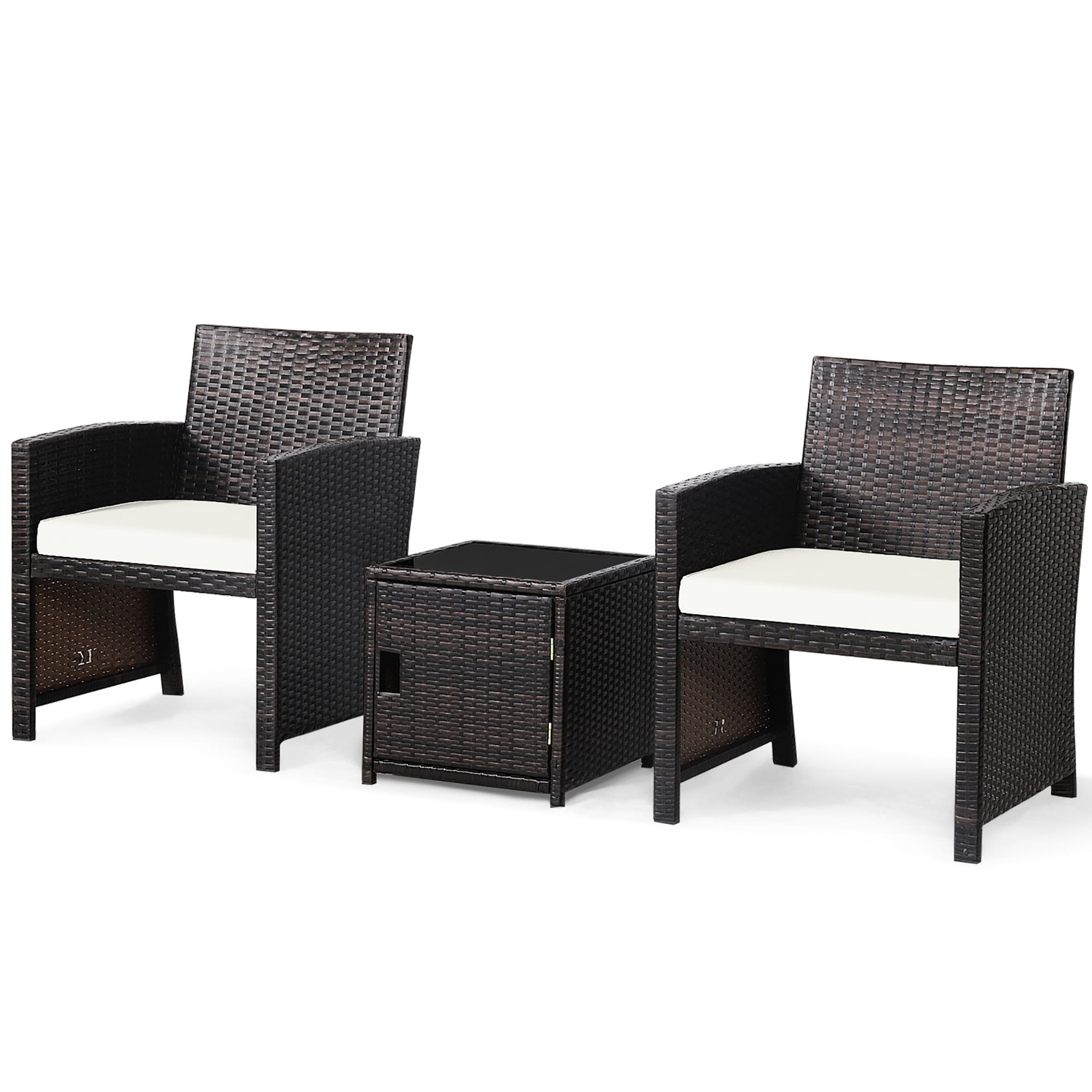 Costway HW69444WH 3 -Piece Rattan 2 Patio Sofa Conversation Set with White Cushions