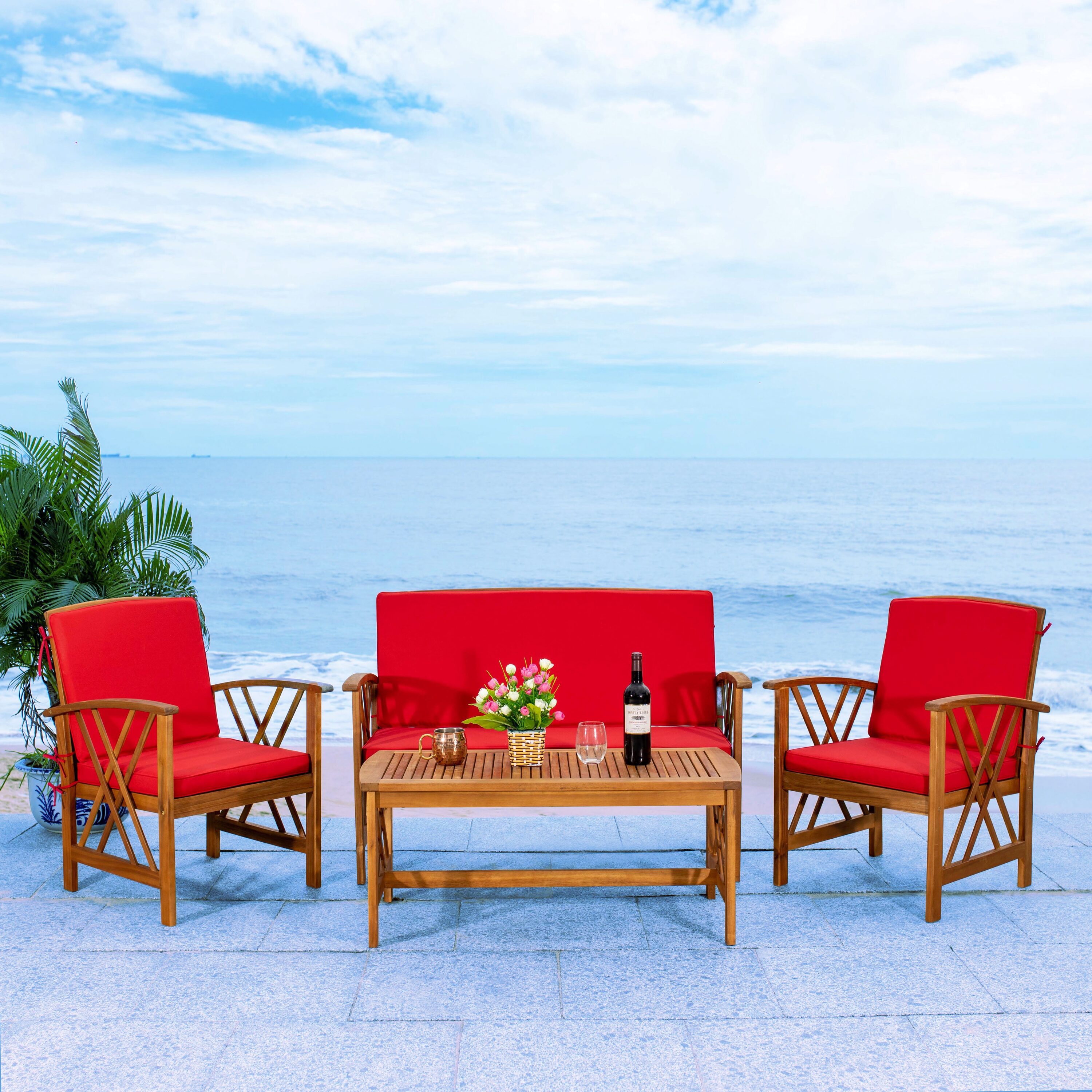 Fontana Natural Acacia Wood 4-Piece Outdoor Set with Red Cushions
