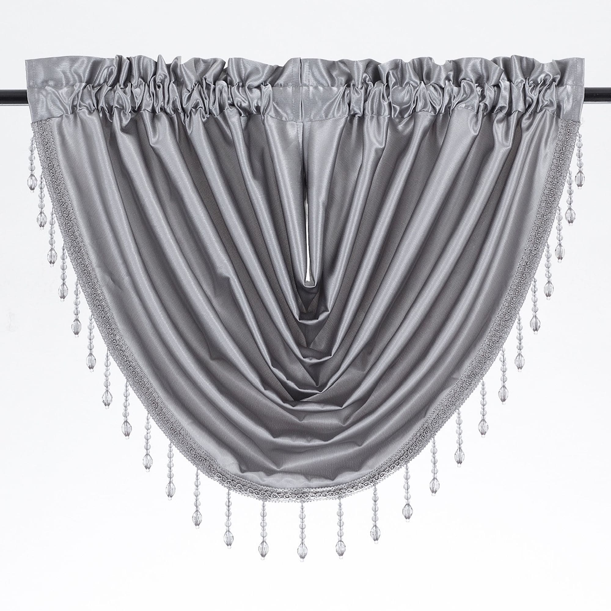 KATE AURORA Ultra Lux Faux Silk Regency Crinkle Rod Pocket Semi Sheer Crystal Beaded Window Valance 57 in W x 37 in L Silver