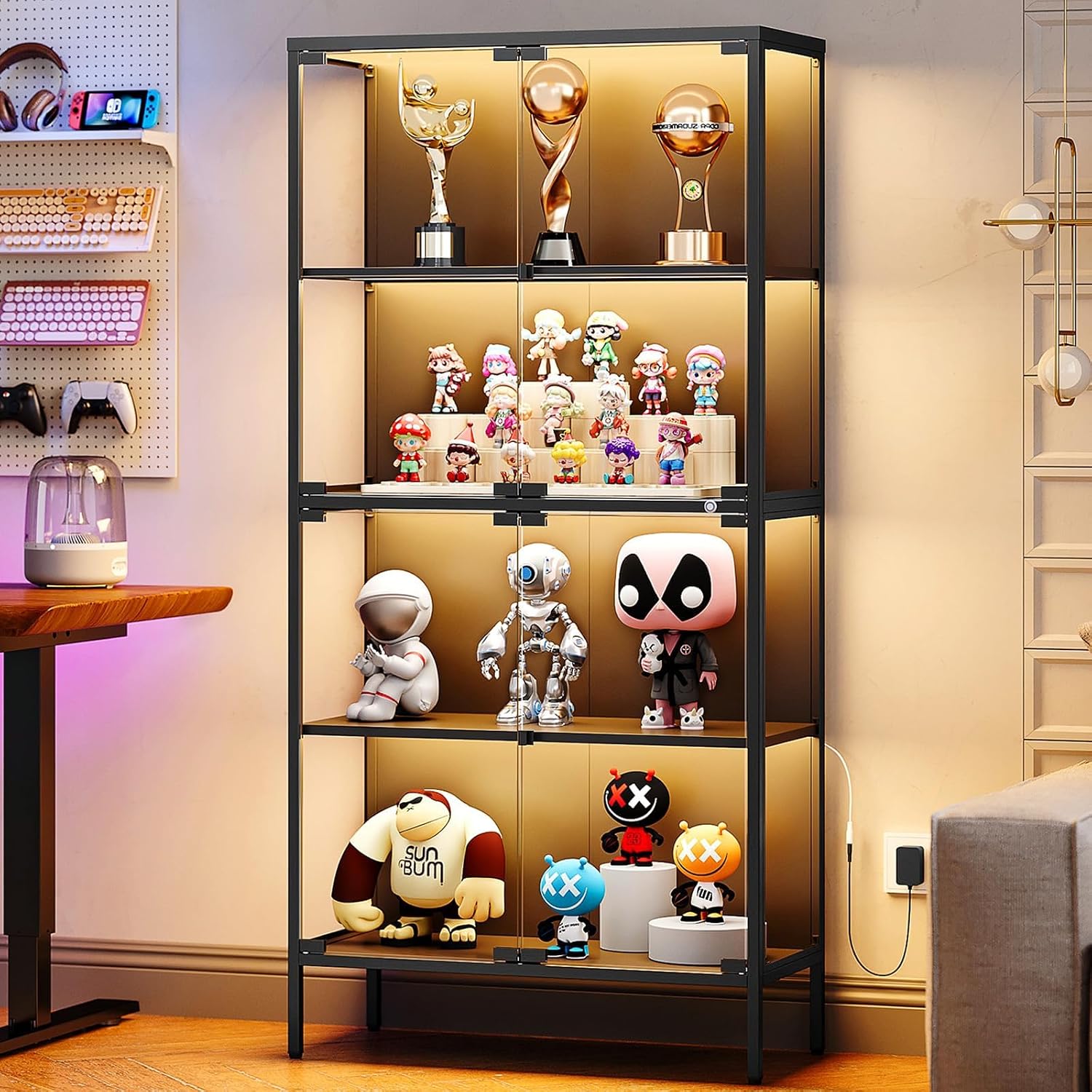 Letaya  65 Glass Display Cabinet with 3-Color LED Light Display Case with 4 Tempered Glass Doors and Shelves Metal Frame Curio Storage Cabinet for Collectibles Figures Awards Book Toy Black