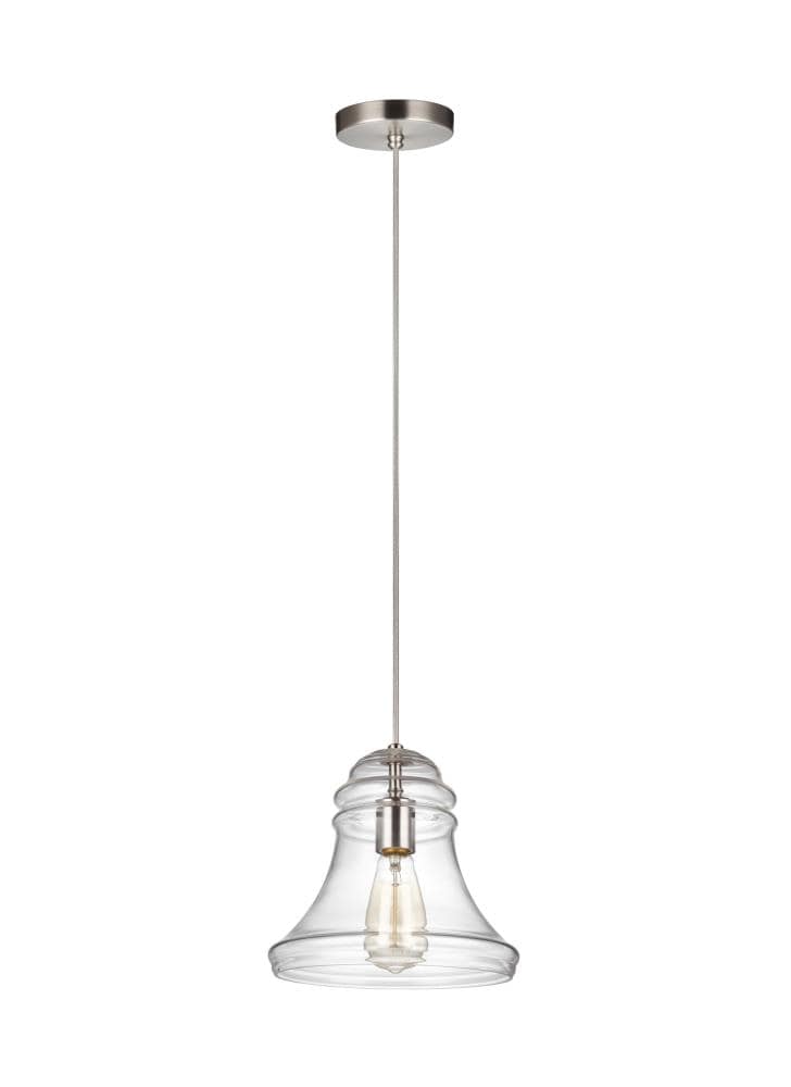 Generation Lighting P1440SN Doyle 1 -Light Satin Nickel Transitional Clear glass Bell Mini Hanging Pendant light