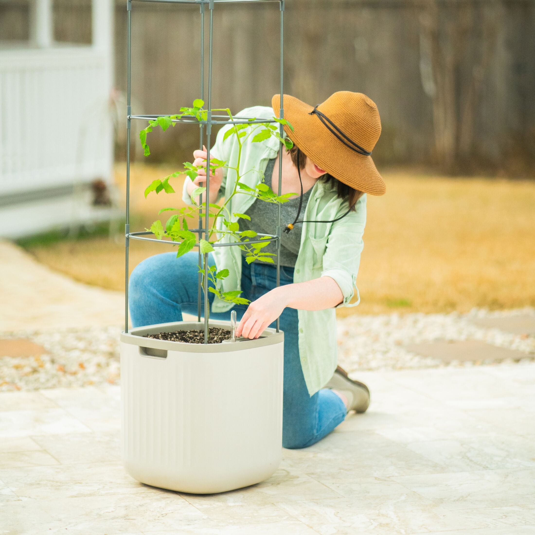 Cream White Self-Watering Indoor Outdoor Planter with Trellis