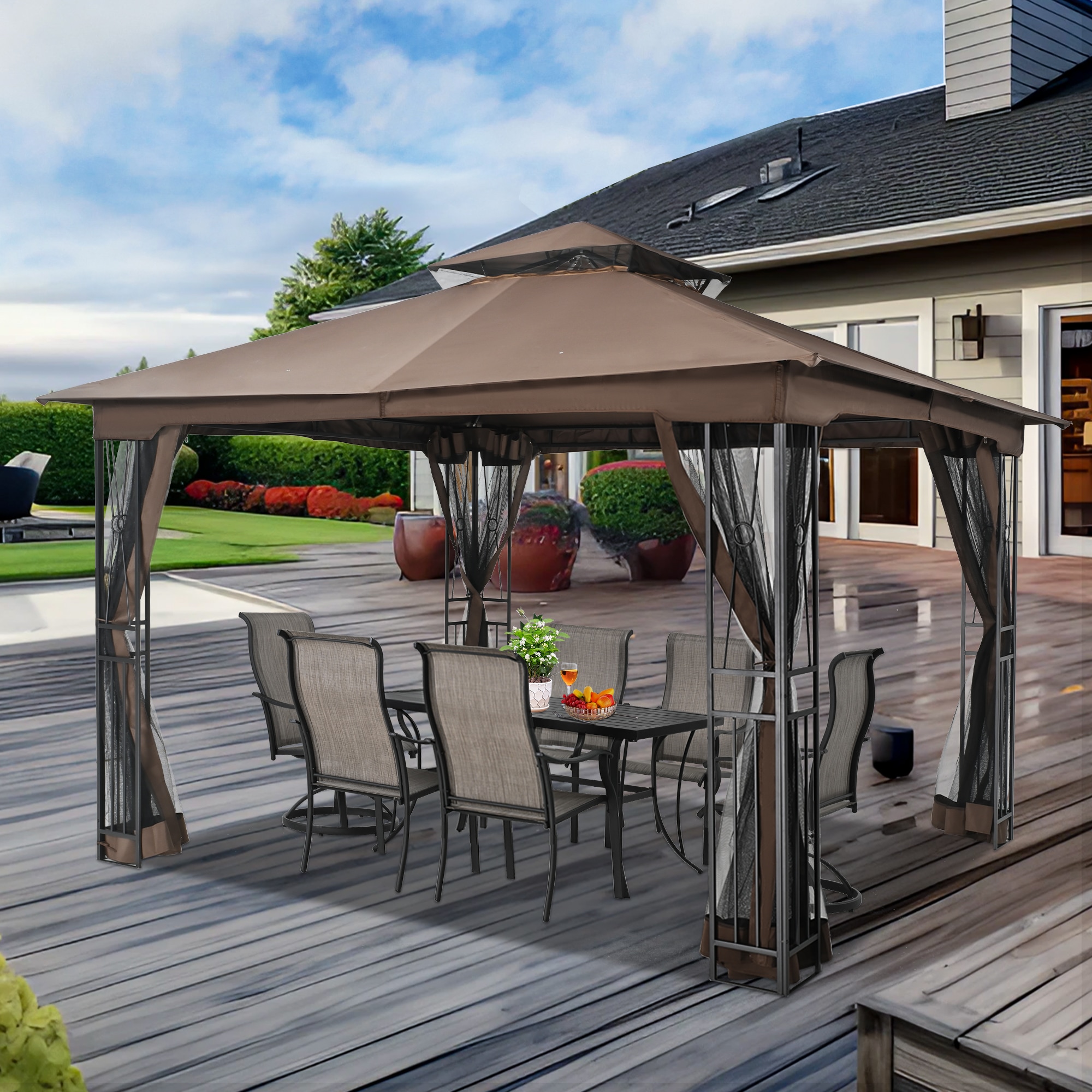 12-ft x 10-ft ChillPavilion Rectangle Brown Metal Polyester Roof Semi ...