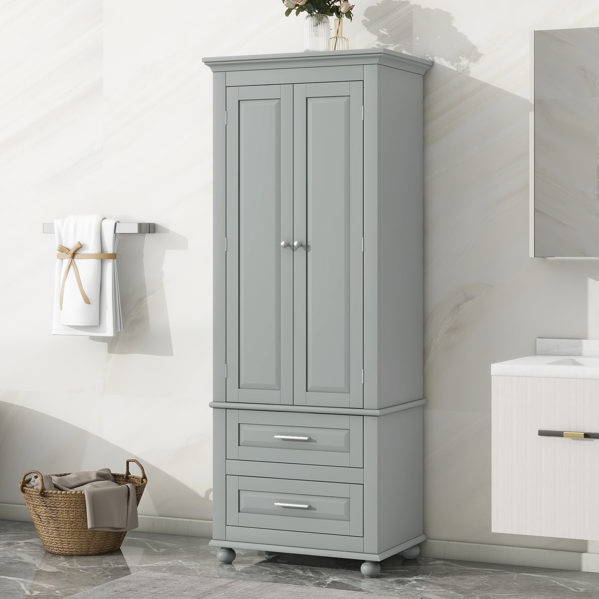 Dimakai Gray Tall Storage Cabinet with Two Drawers for Bathroom Office Kitchen