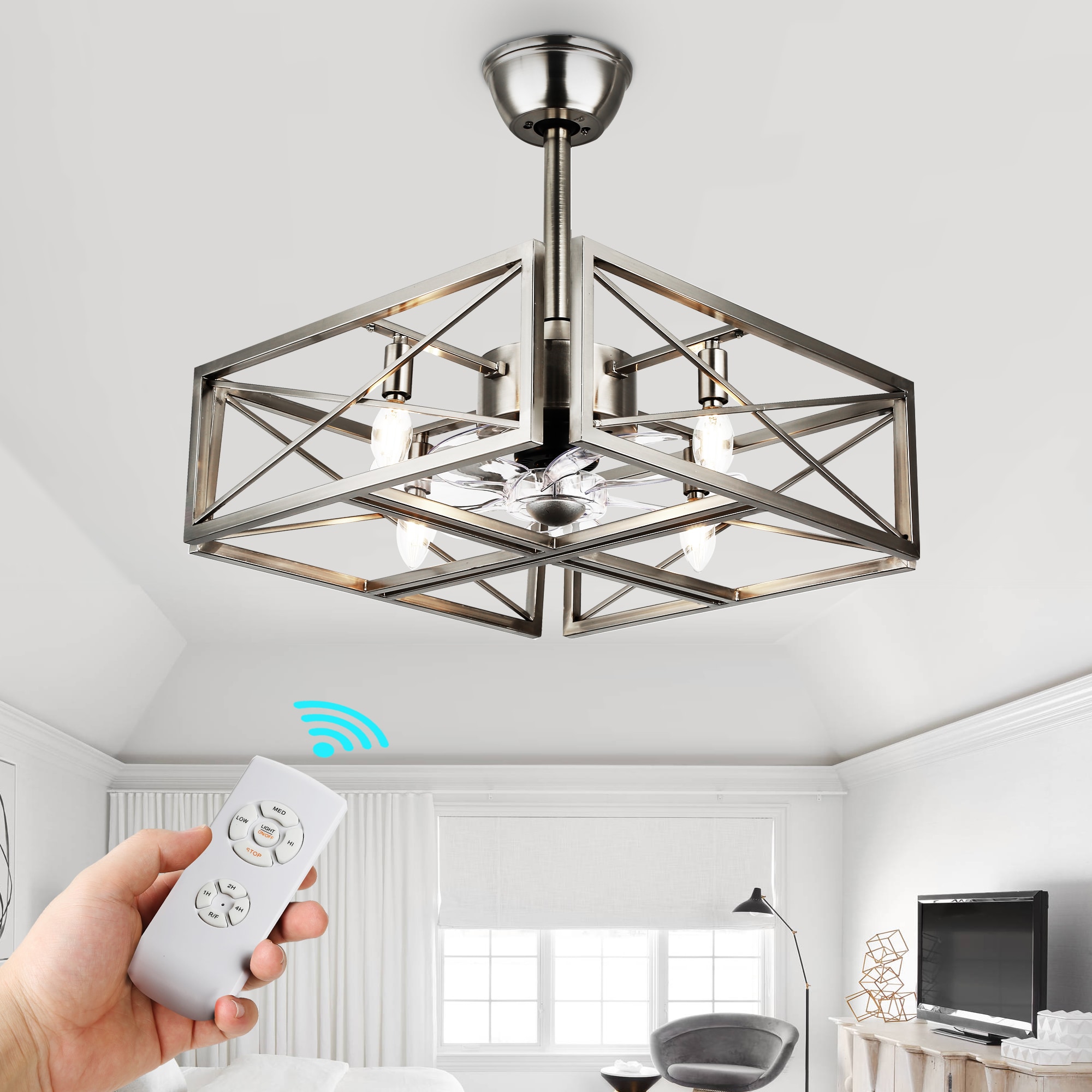 Bella Depot WSFSD2061 Modern 20-in Color-Changing Nickel with Clear Blades Fandelier - Remote Included ( 7 -Blade )