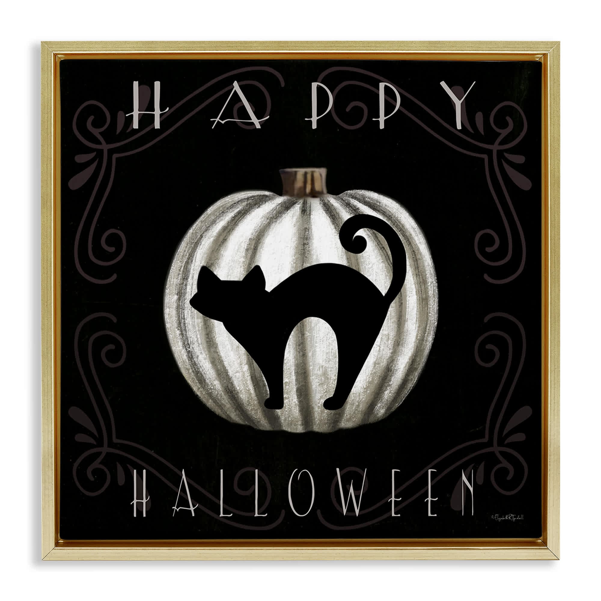 Stupell Industries BS-651-FFG-24X24 Happy Halloween Cat and Pumpkin Gold Framed Floater Canvas Wall Art By Elizabeth Tyndall 25 x 25