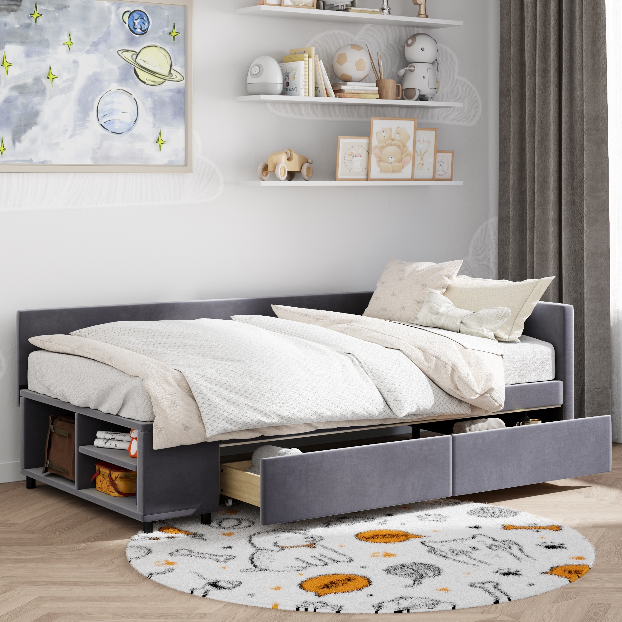 GDFStudio 346957 Twin Size Upholstered Platform Bed with Storage and Drawers – Beige/Gray