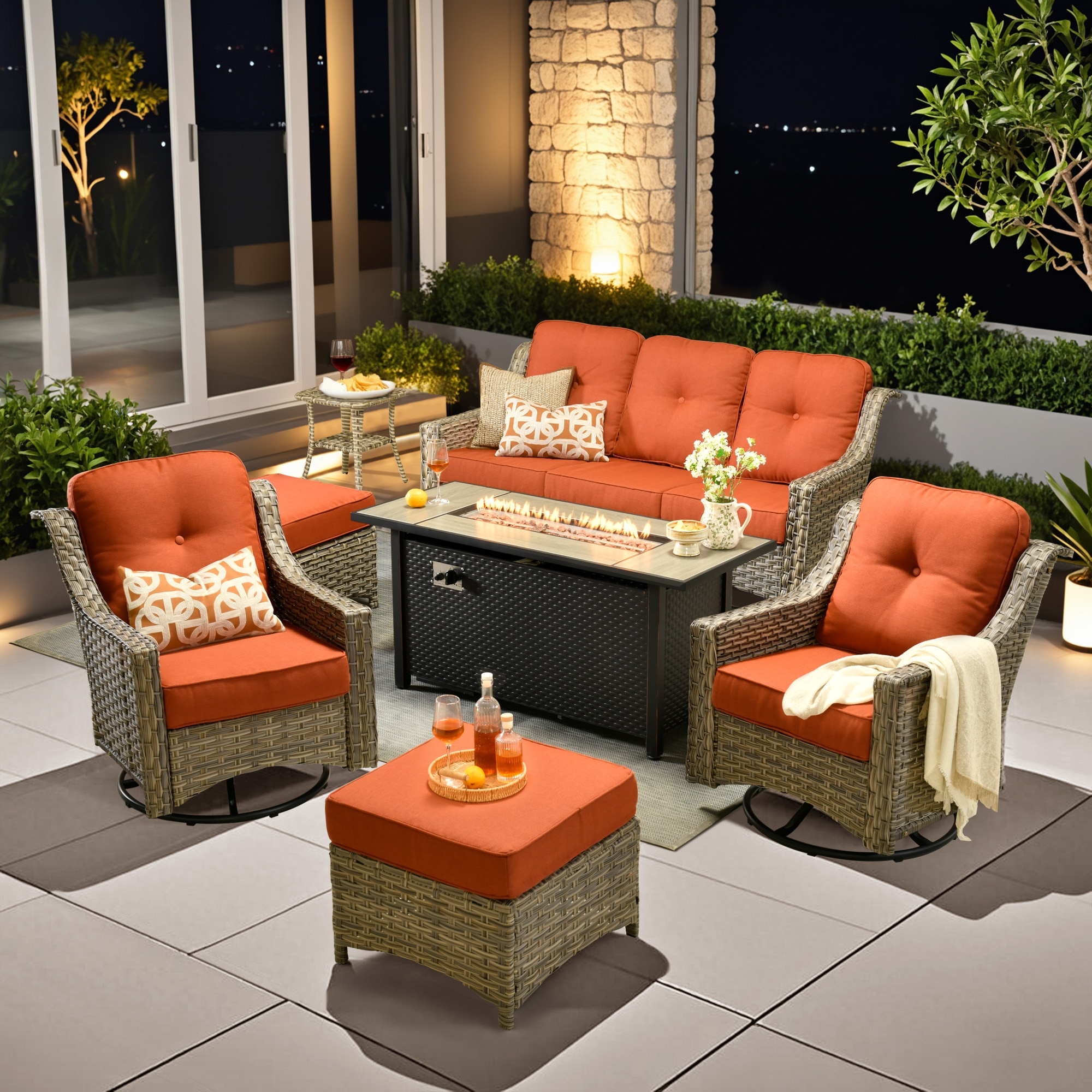 weaxty HMBCFP8503PADYZ71S8C Aireno 7 -Piece Wicker Patio Sofa Conversation Set with Red Cushions