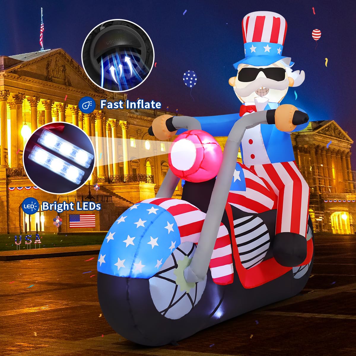 Patriotic Uncle Sam Inflatable on Motorcycle with LED Lights