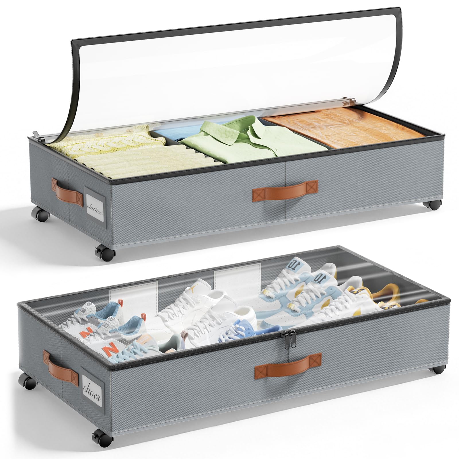 YICSAM Grey 2 Pack 55L Under Bed Storage Containers With Wheels Adjustable Dividers See Through Lid Rolling Drawers For Clothes Blankets