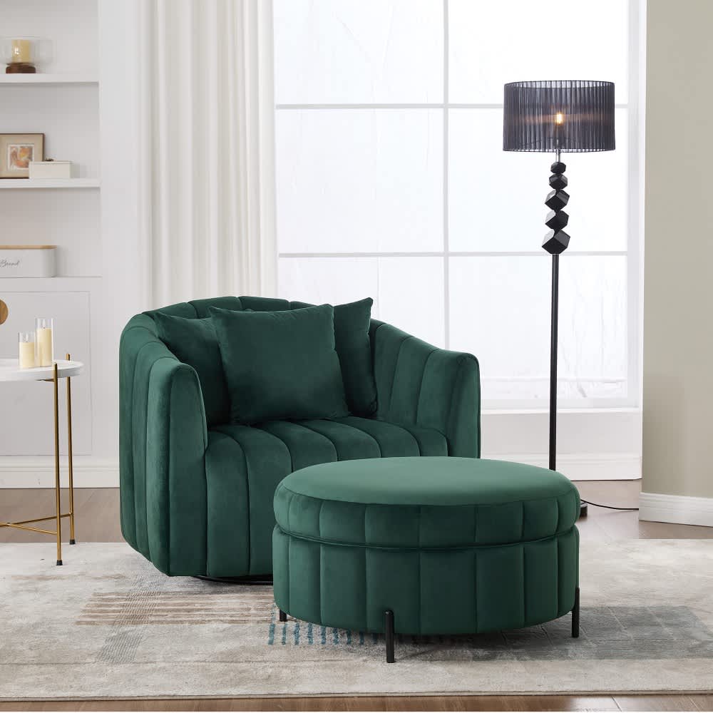 Coolbibila CALEB-CHAIR-GREEN Green Velvet Swivel Barrel Chair Channel Tufted Pumpkin Shape with Storage Ottoman for Living Room