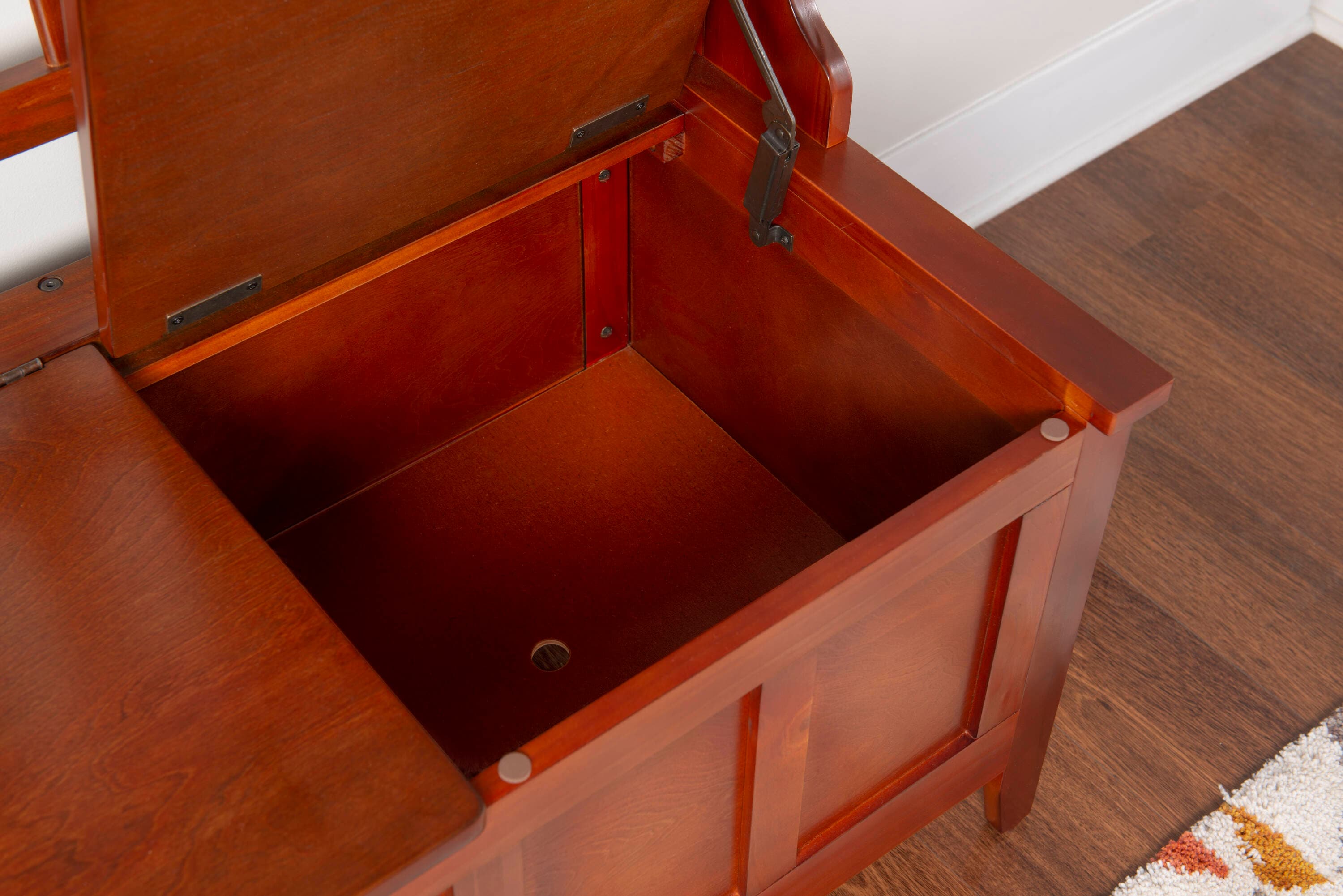 Walnut Finish Split-Seat Storage Hall Tree with Double Hooks