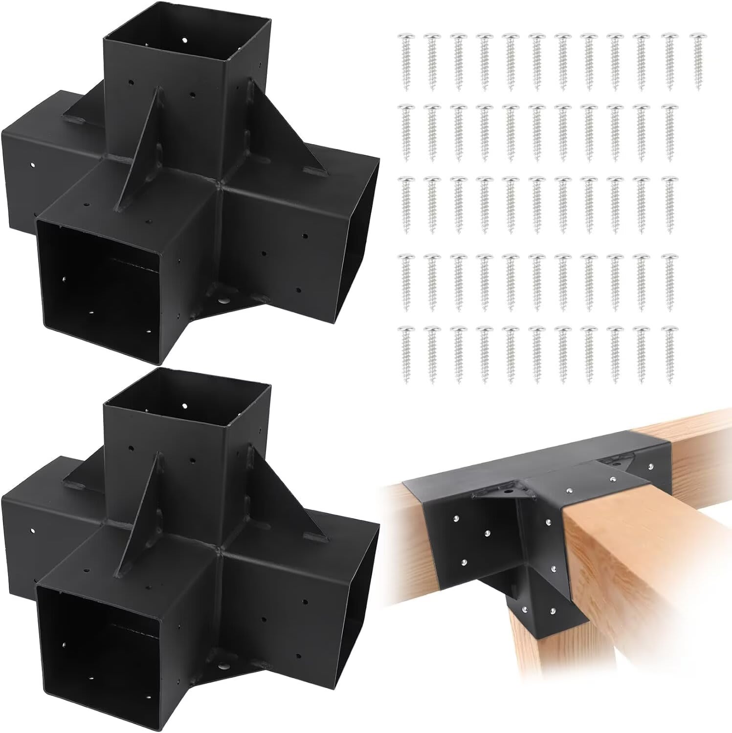 Qeetex JXNAG-PHO-1153W4Z5 2PCS 4-Way Pergola Brackets Kit 6 x 6 Inch Woodwork Right Angle Corner DIY Brackets Powder-Coated Pergola Hardware for Lumber Gazebo Sunroom Carport Outdoor