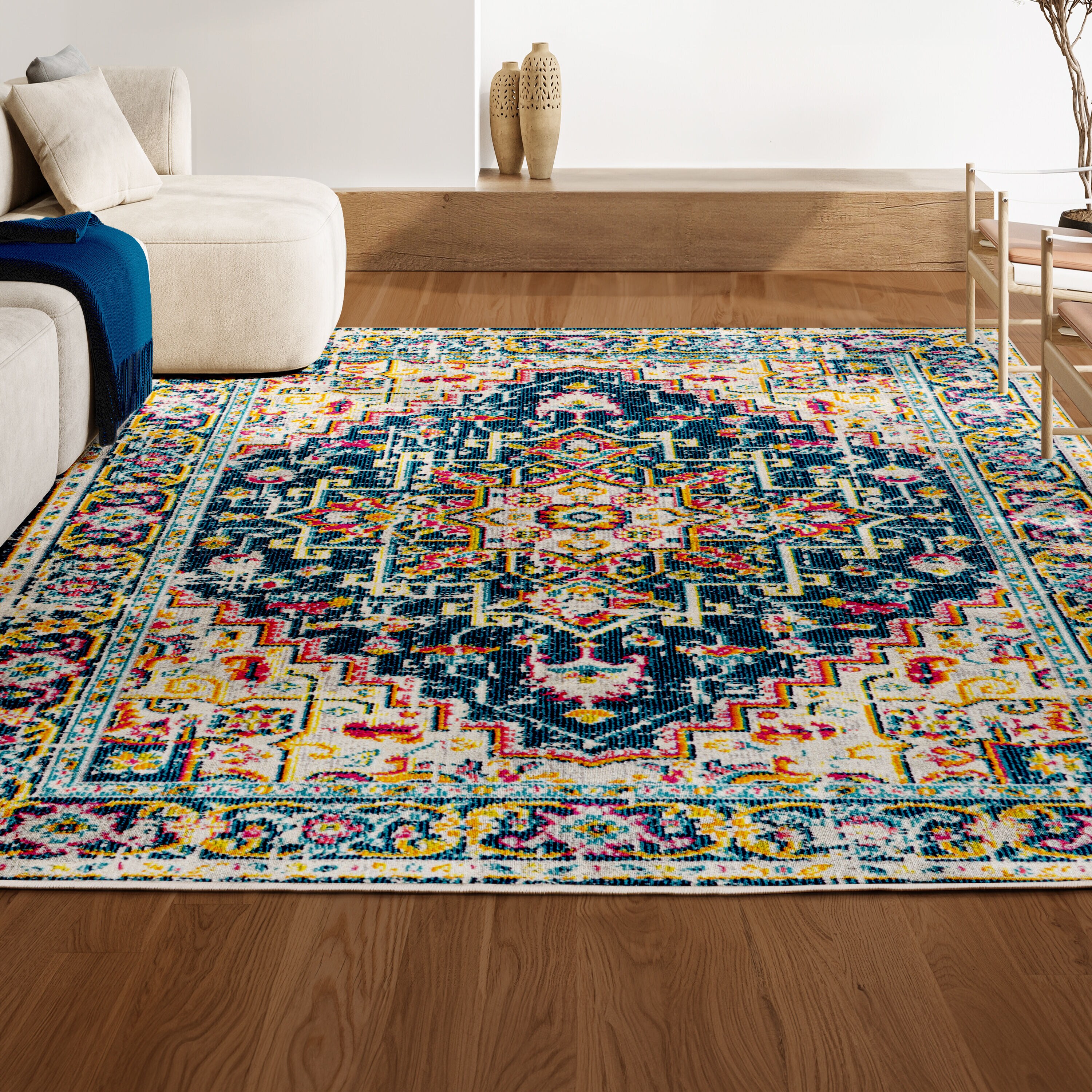 Bohemian Blue and Beige Medallion 5x8 Synthetic Area Rug