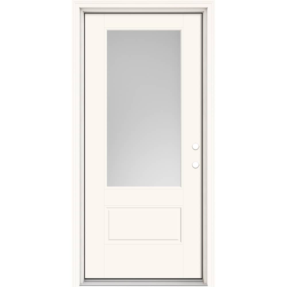 Masonite 630359 Performance Door System 32-in x 80-in x 4-9/16-in Fiberglass 3/4 lite Left-hand inswing Modern White Painted Prehung Front Door with Brickmould Insulating core