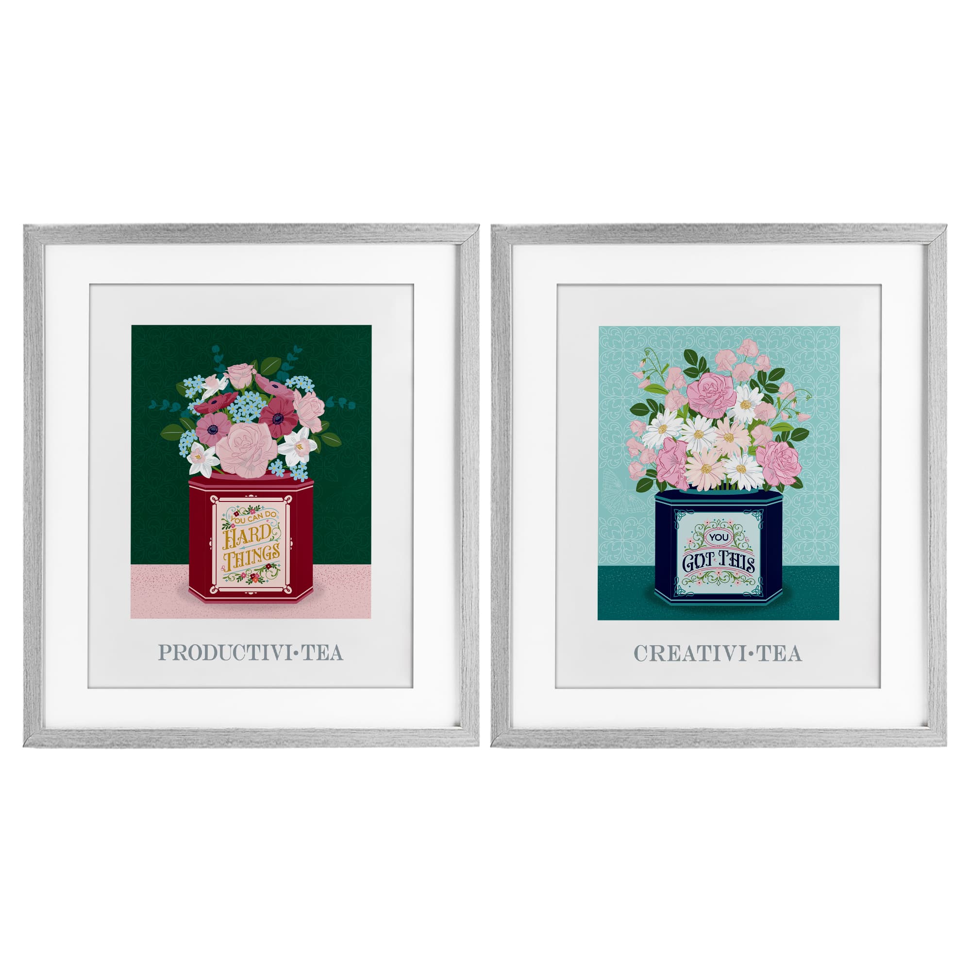 Stupell Industries Motivational Floral Tea Tins Gray 2pc Framed Print Under Glass Set 13 x 16